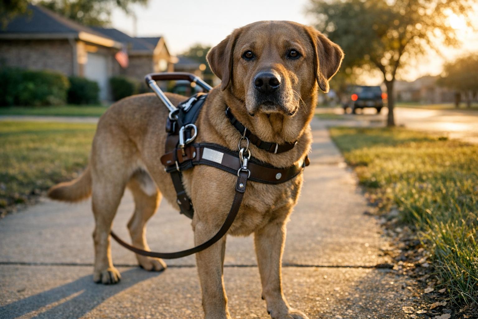 An adult guide dog in a working harness standing on a suburban sidewalk in Texas