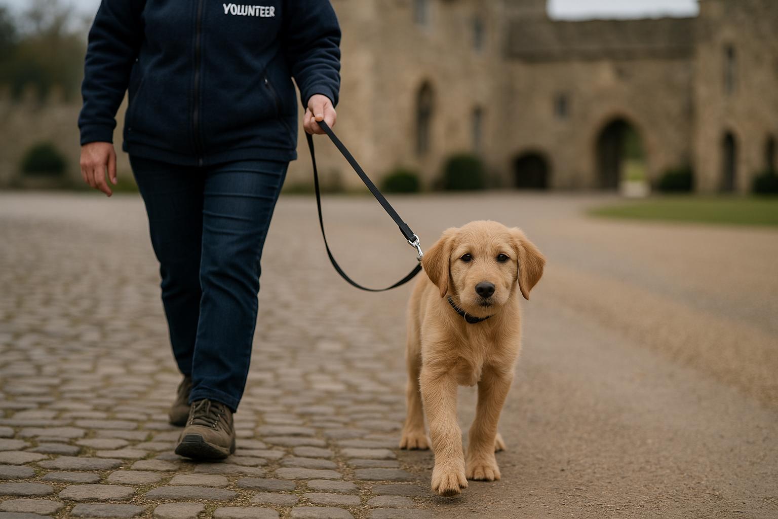 A six-month-old puppy named Reo on a leash with a volunteer in a cobbled courtyard at Leeds Castle, soft overcast light, leash visible, visitor paths in the background