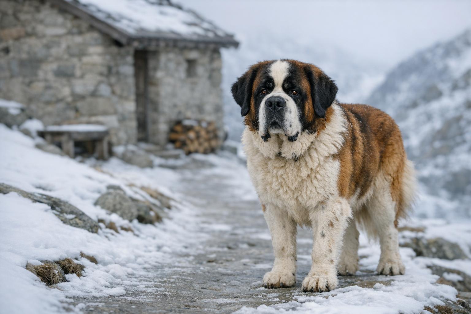 A Saint Bernard standing on a snowy Alpine path near a stone hut, looking calm and watchful.