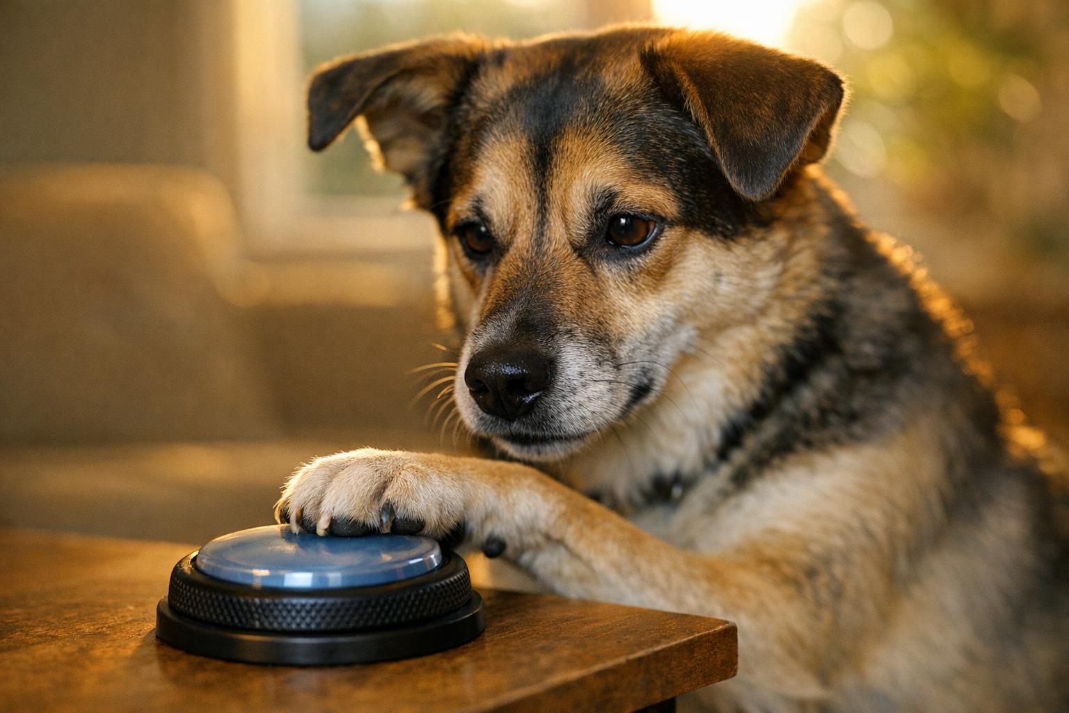 Mixed-breed dog pressing a recordable communication button on a table in a sunlit living room