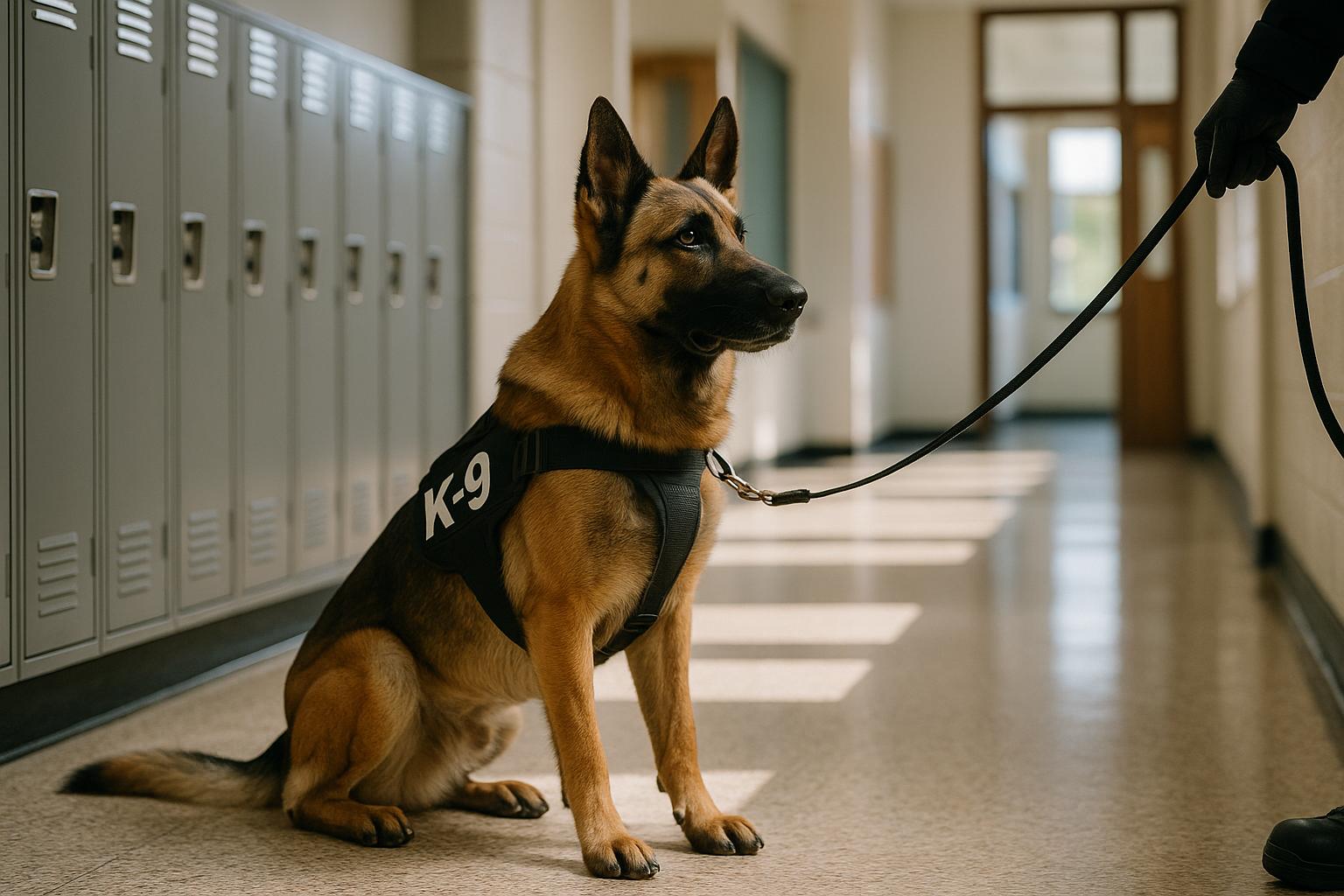 K9 detection dog sitting in a high school hallway with handler's hand on the leash