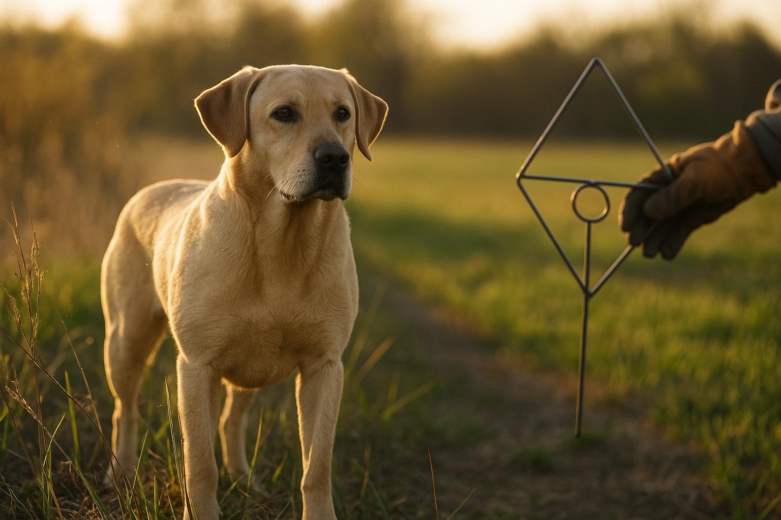 Labrador Retriever at edge of grassy field with training equipment, golden hour