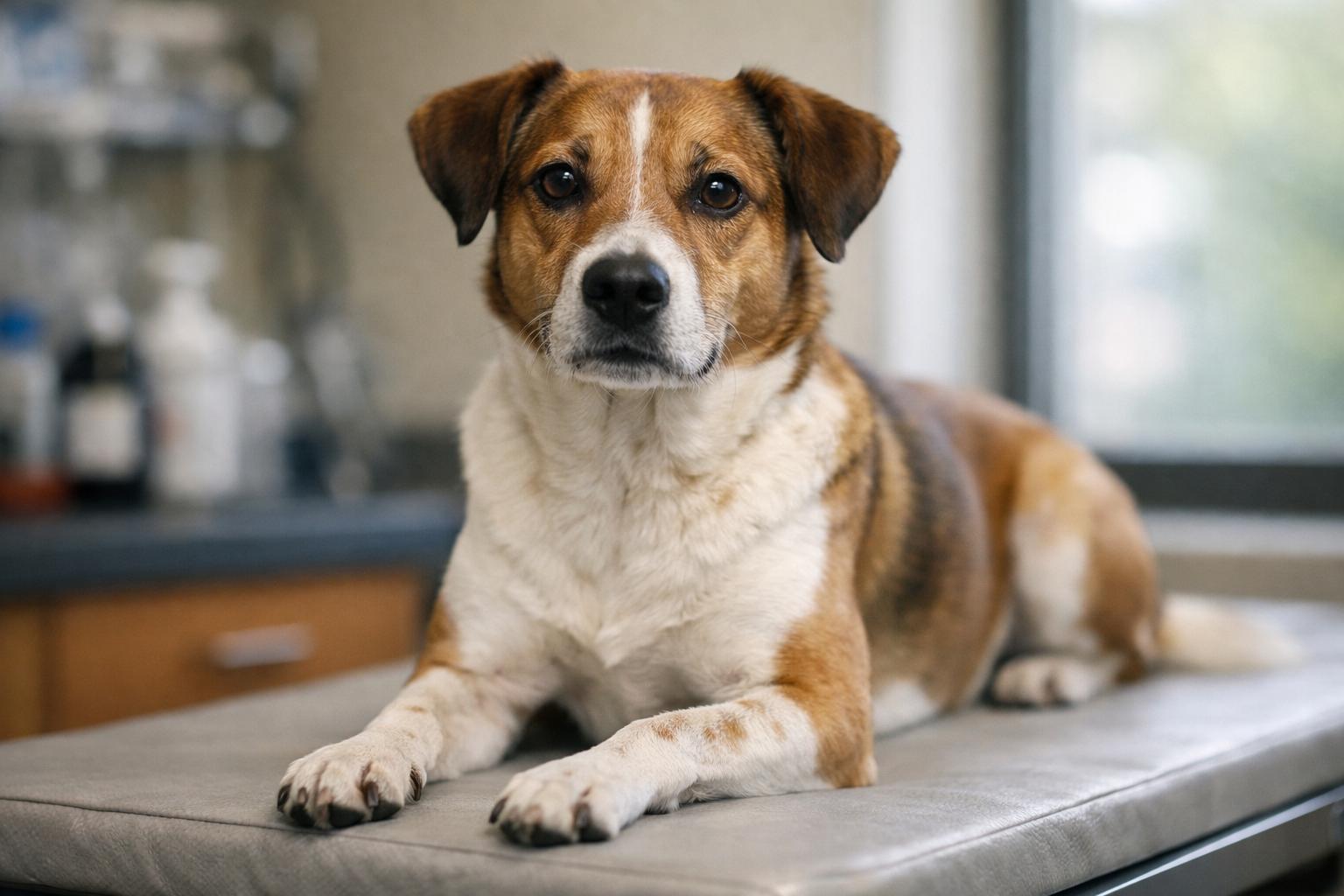 Mixed-breed dog sitting on a veterinary exam table in natural window light, calm and alert