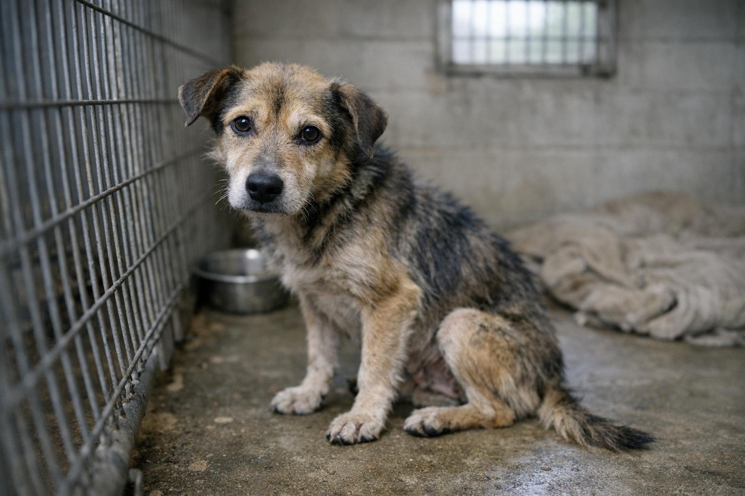 Underweight mixed-breed dog in a small indoor kennel with soft diffused light