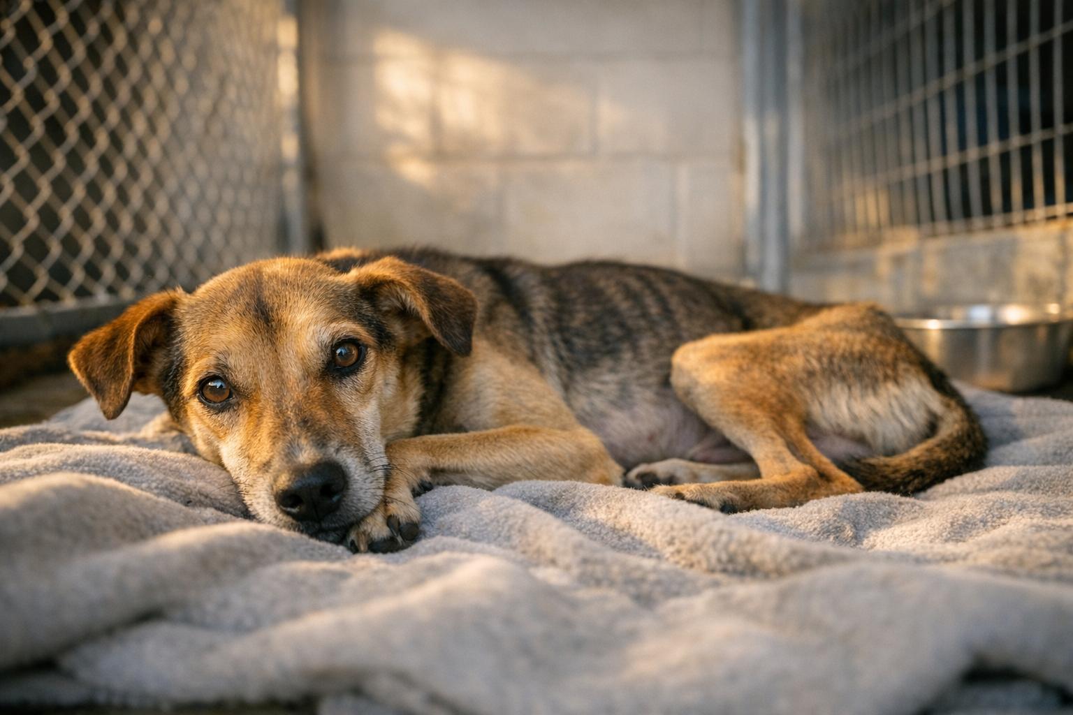 A thin mixed-breed dog resting on a blanket in a shelter kennel, calm expression, natural fur texture.