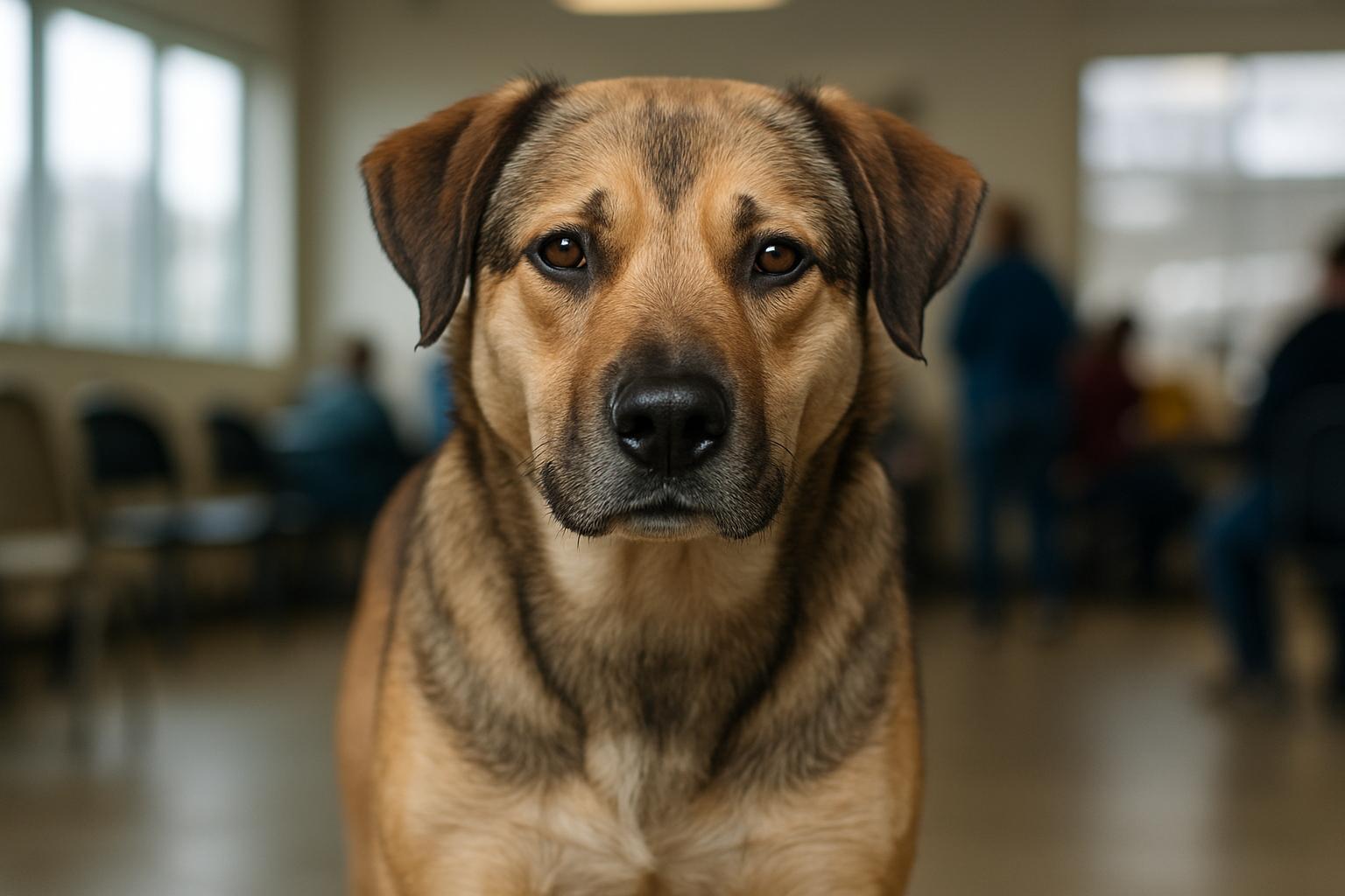 Habi, a 3-year-old 55-pound mixed-breed dog, standing patiently at an adoption event in Virginia