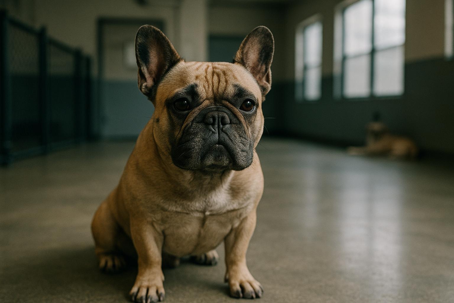 French Bulldog sitting on a cool concrete floor inside a dog day care, soft window light