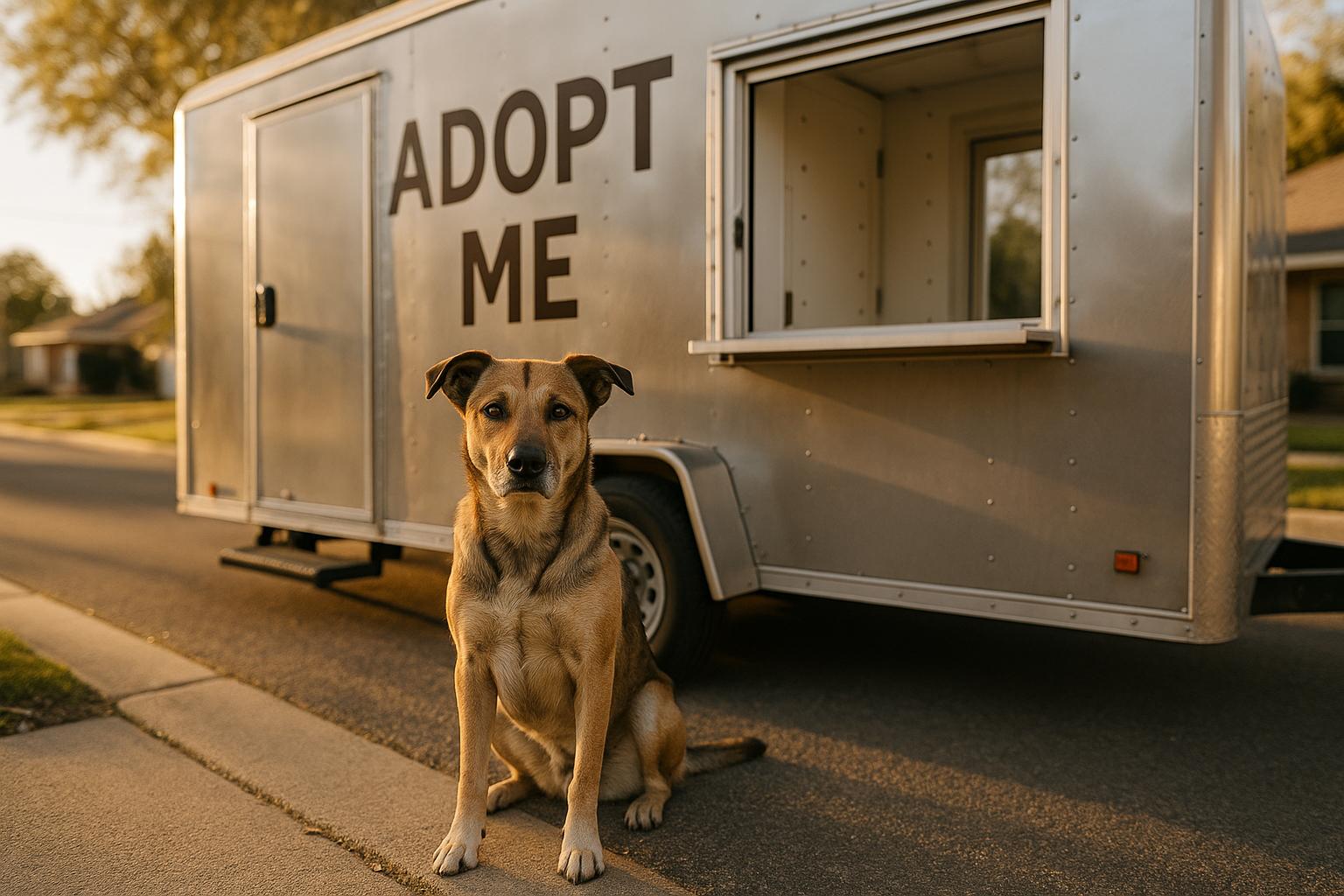 A mixed-breed shelter dog sitting in front of a custom-built 24-foot mobile adoption trailer with an open exterior adoption window during golden hour.