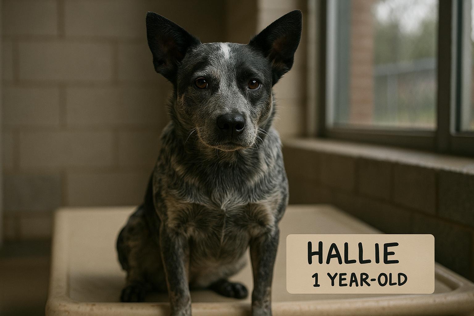 Hallie, a one-year-old blue heeler mix, sitting alert on a shelter bench at the Muskingum County K-9 Adoption Center in Zanesville, Ohio.