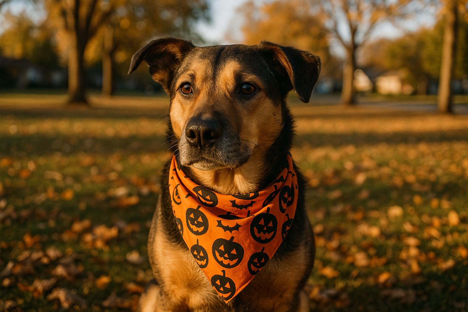 Mixed-breed dog wearing a Halloween bandana in a suburban park with autumn leaves