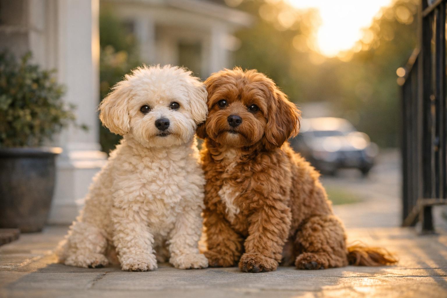 Bichon poodle mix and brown cavapoo sitting together on a suburban front porch at golden hour