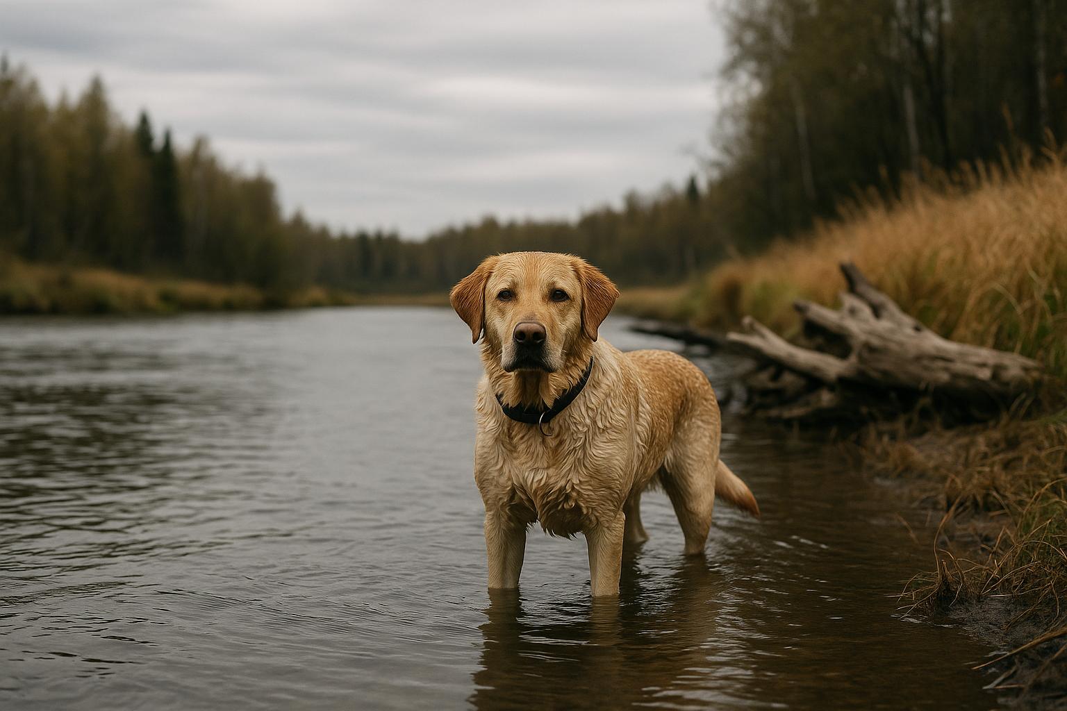 Harley, an assumed Labrador retriever, standing in shallow river water at a Wasilla, Alaska riverside during overcast mid-morning light