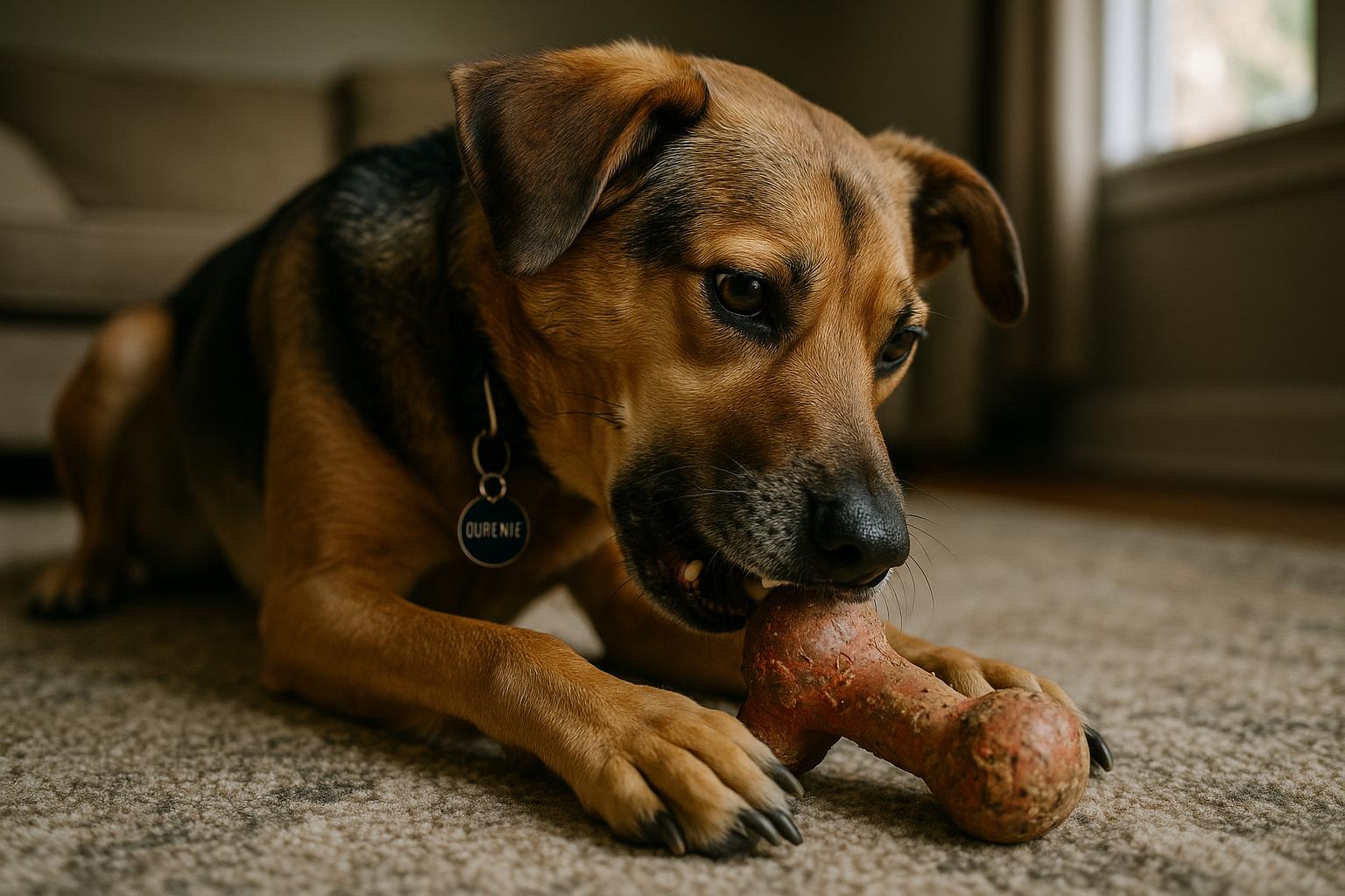 Queenie the pit bull playing with a worn rubber toy in a foster home living room, natural window light