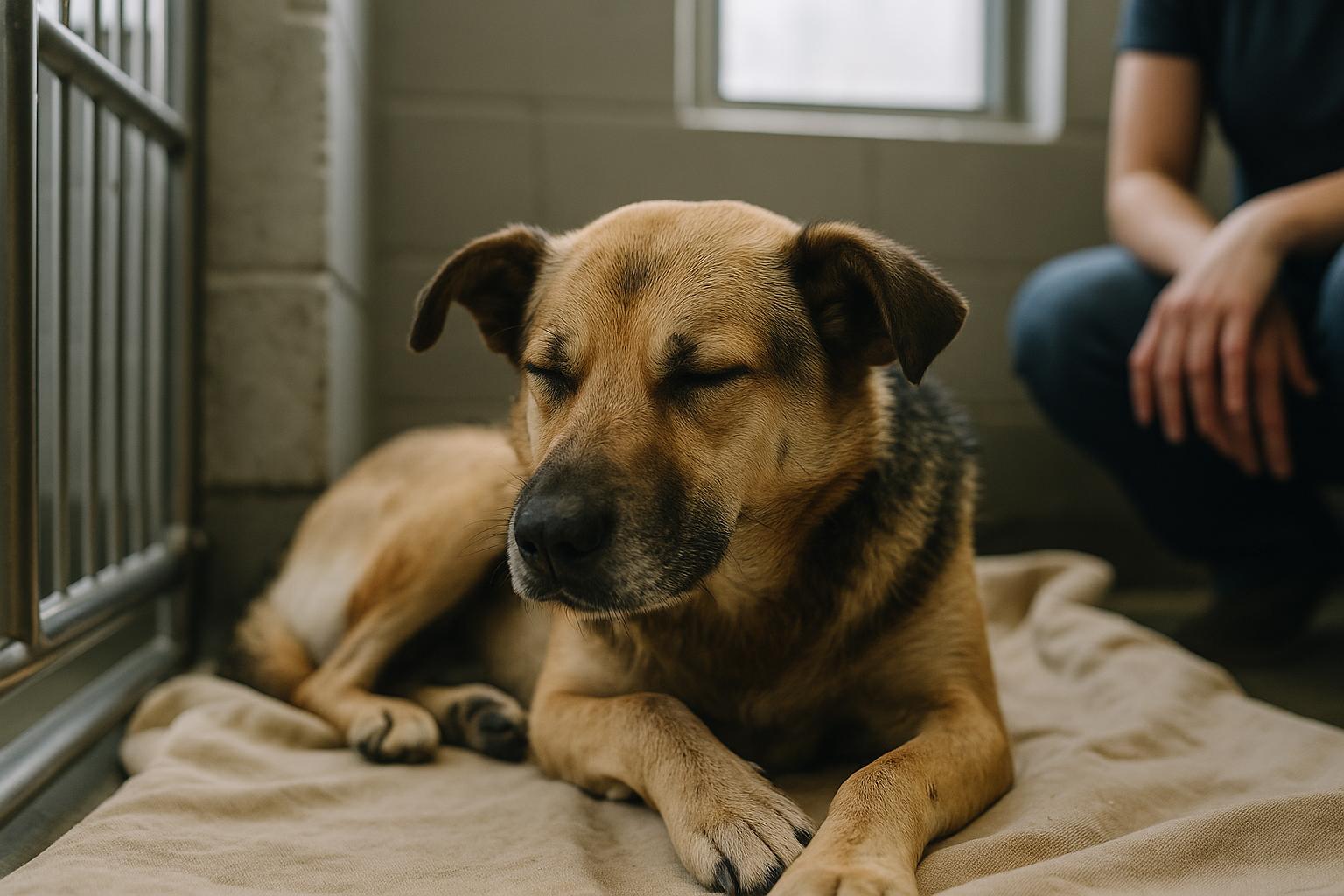 A medium-sized mixed-breed shelter dog resting in a kennel at an animal rescue clinic