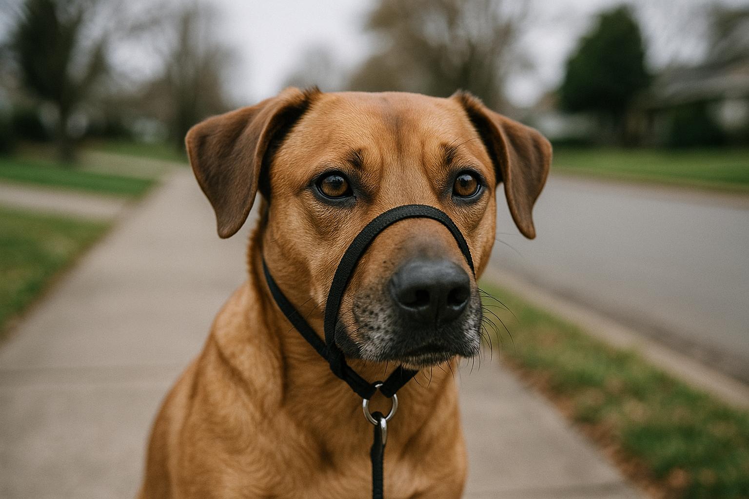 Medium-sized mixed-breed dog wearing a head halter on a suburban sidewalk, calm and alert