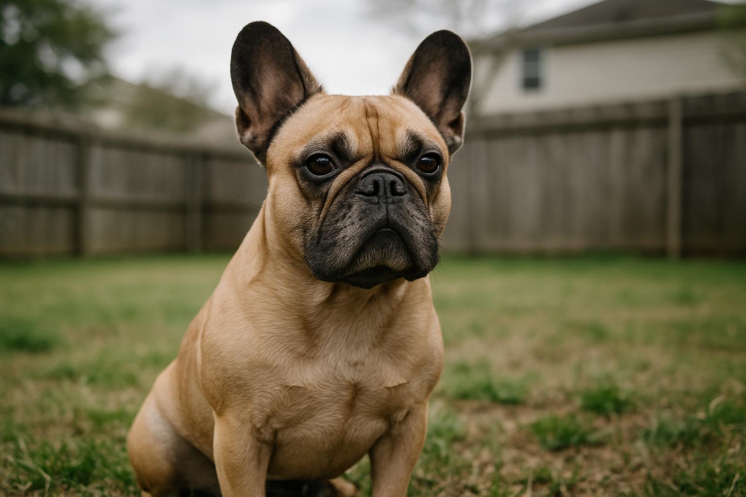 A French Bulldog sitting calmly in a suburban backyard under soft overcast light, shown in a documentary-style portrait.