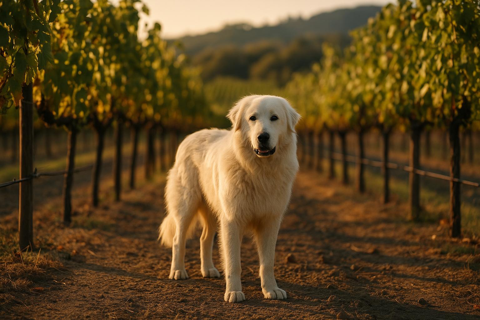 Maremma Sheepdog standing among grapevines at a vineyard in golden hour light