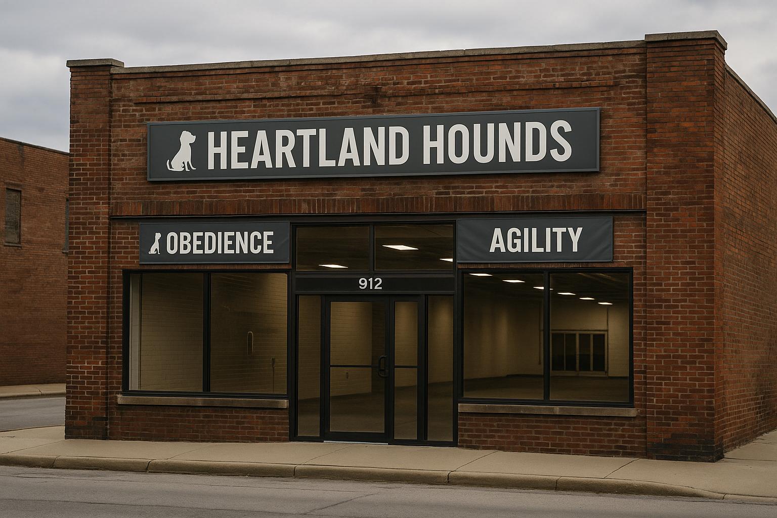 Exterior of Heartland Hounds at 912 Commercial Street in Emporia, a converted storefront with signage and banners for dog training and sports.