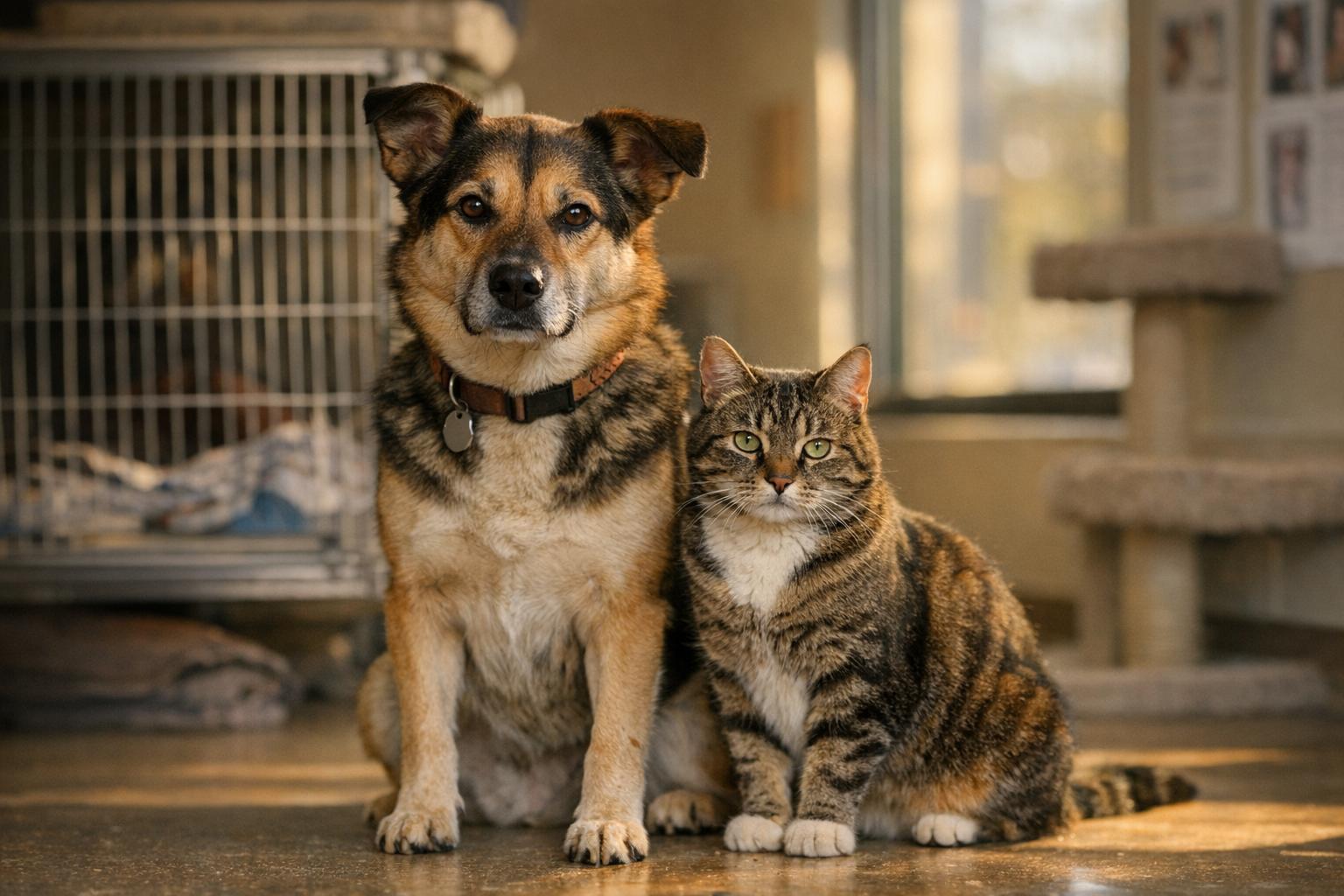 Mixed-breed dog and tabby cat sitting together in a shelter adoption room