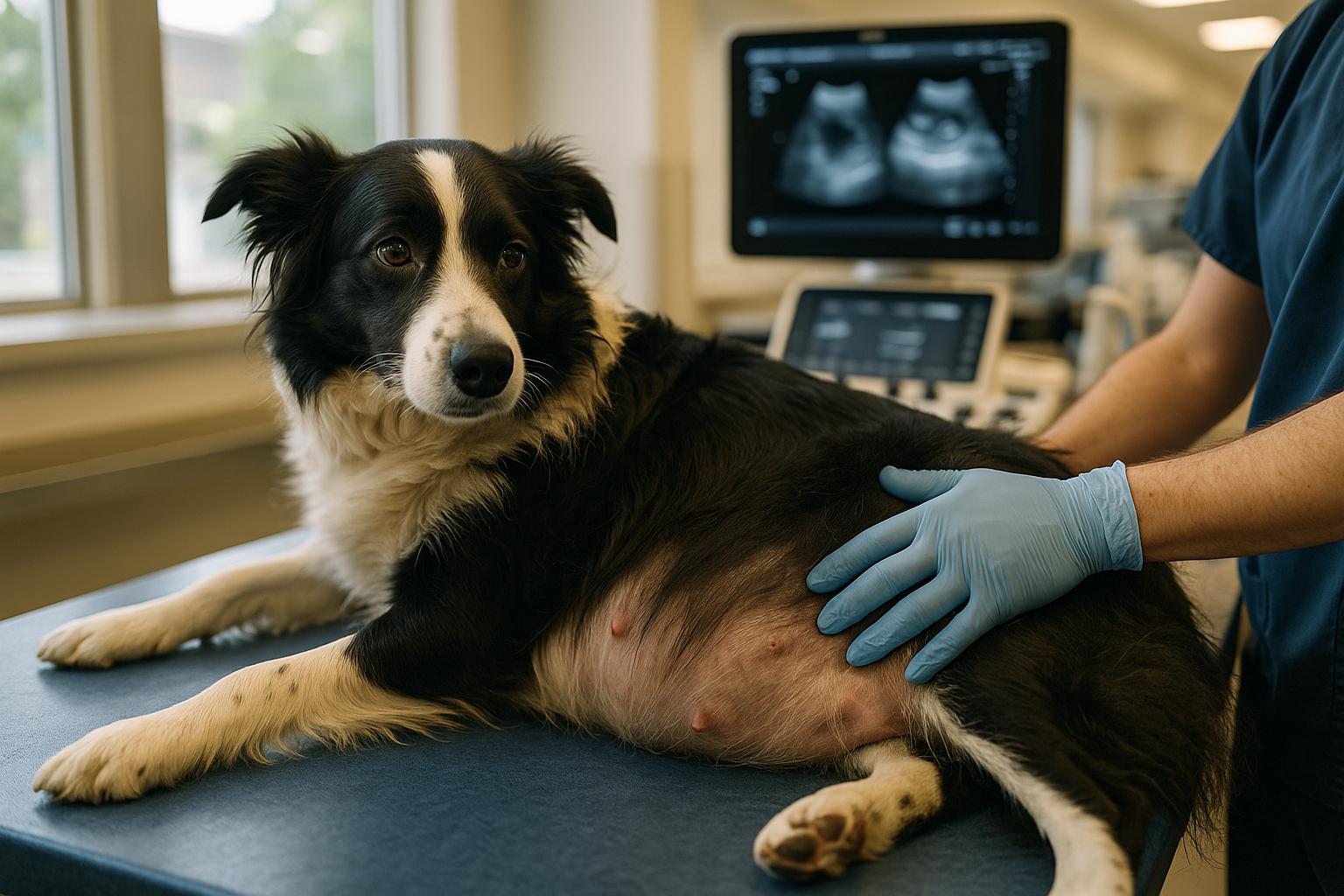 Pregnant Border Collie on an exam table during an ultrasound at a veterinary teaching hospital