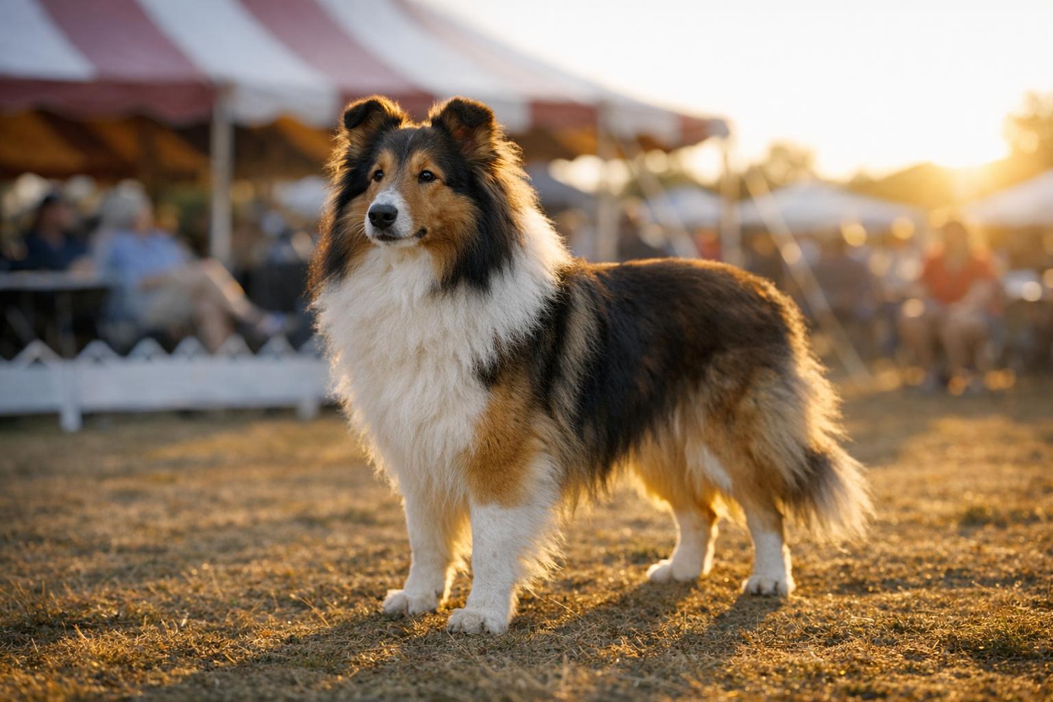 Well-groomed show dog standing in an outdoor fairgrounds ring during golden hour
