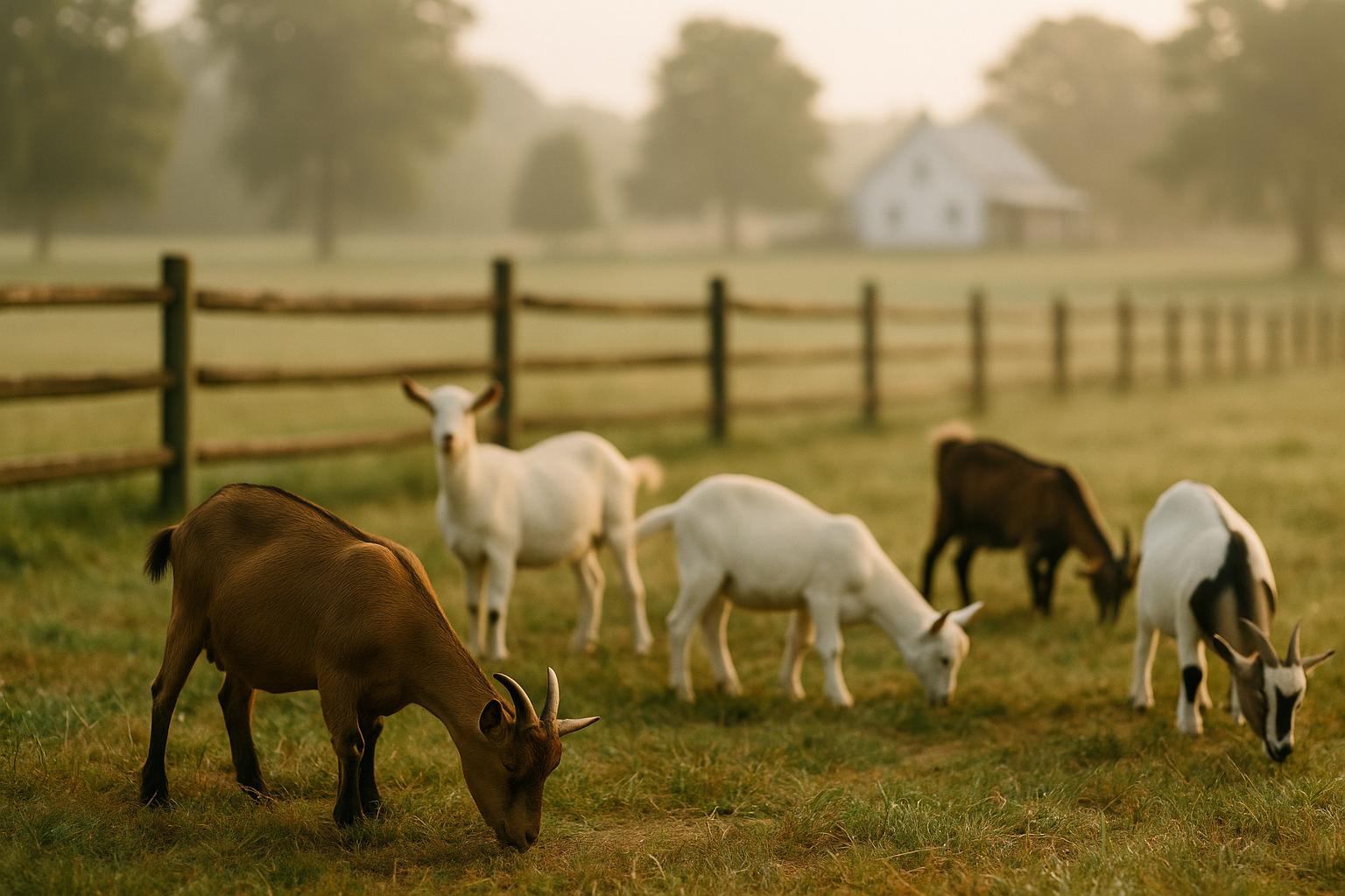 Herd of goats grazing in a pasture near a fence on a Henderson County farm in soft morning light