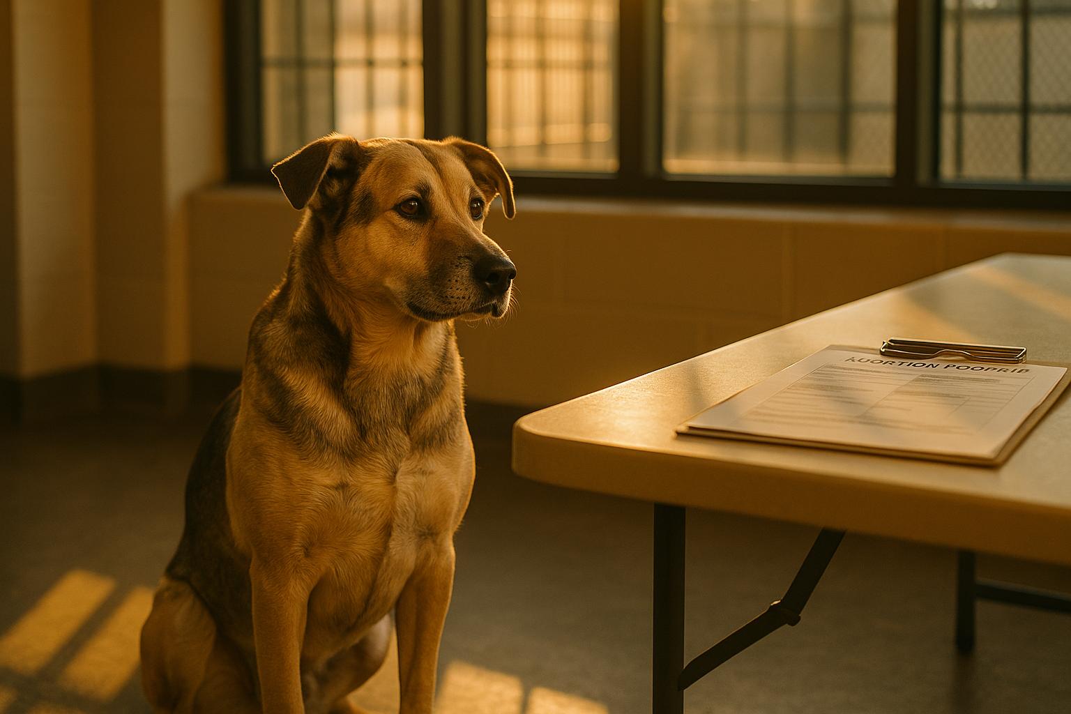 Adult mixed-breed dog sitting calmly in a shelter adoption room with sunlight through a window