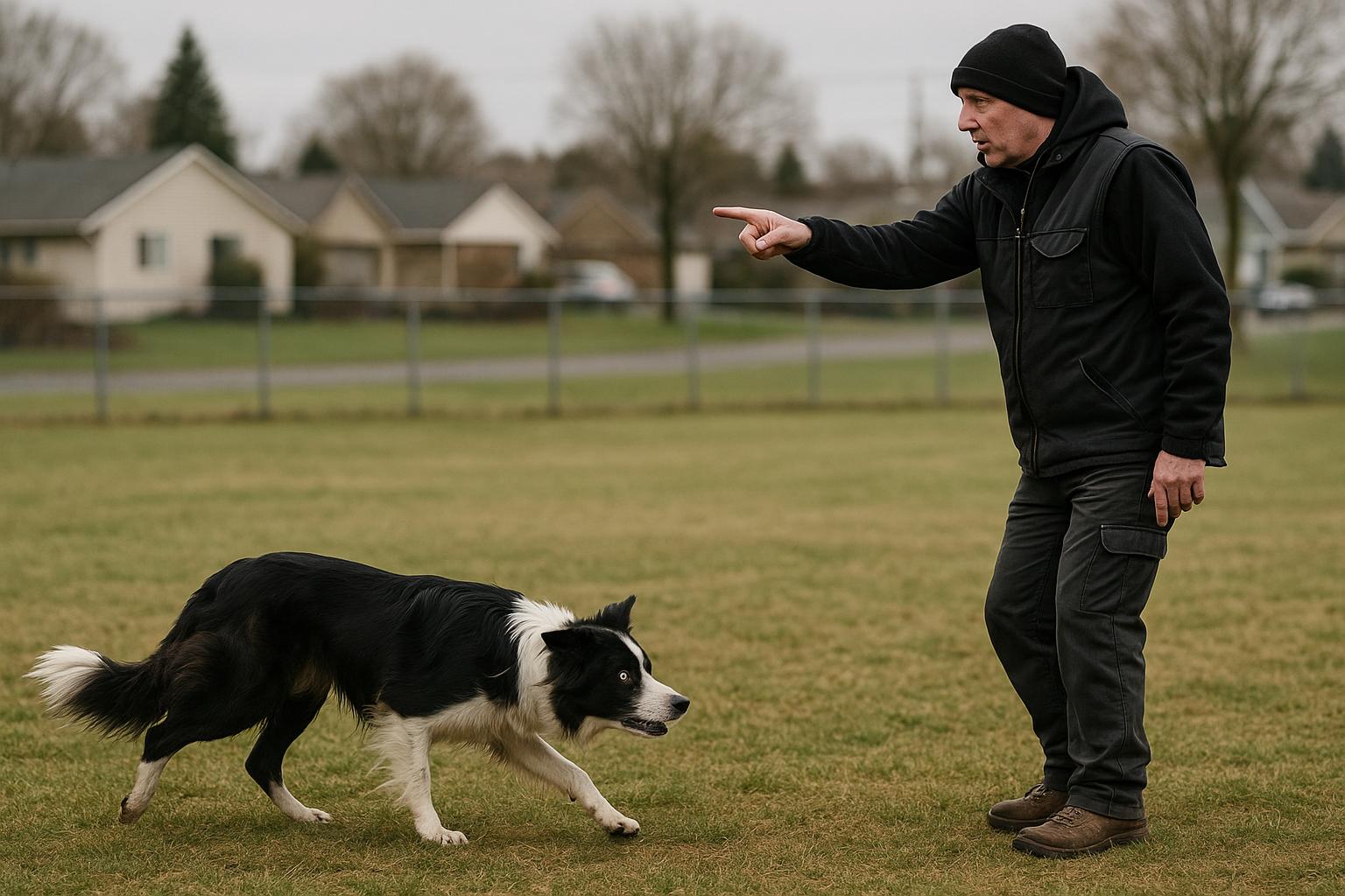 Border Collie in motion with handler in a suburban training field, soft overcast light