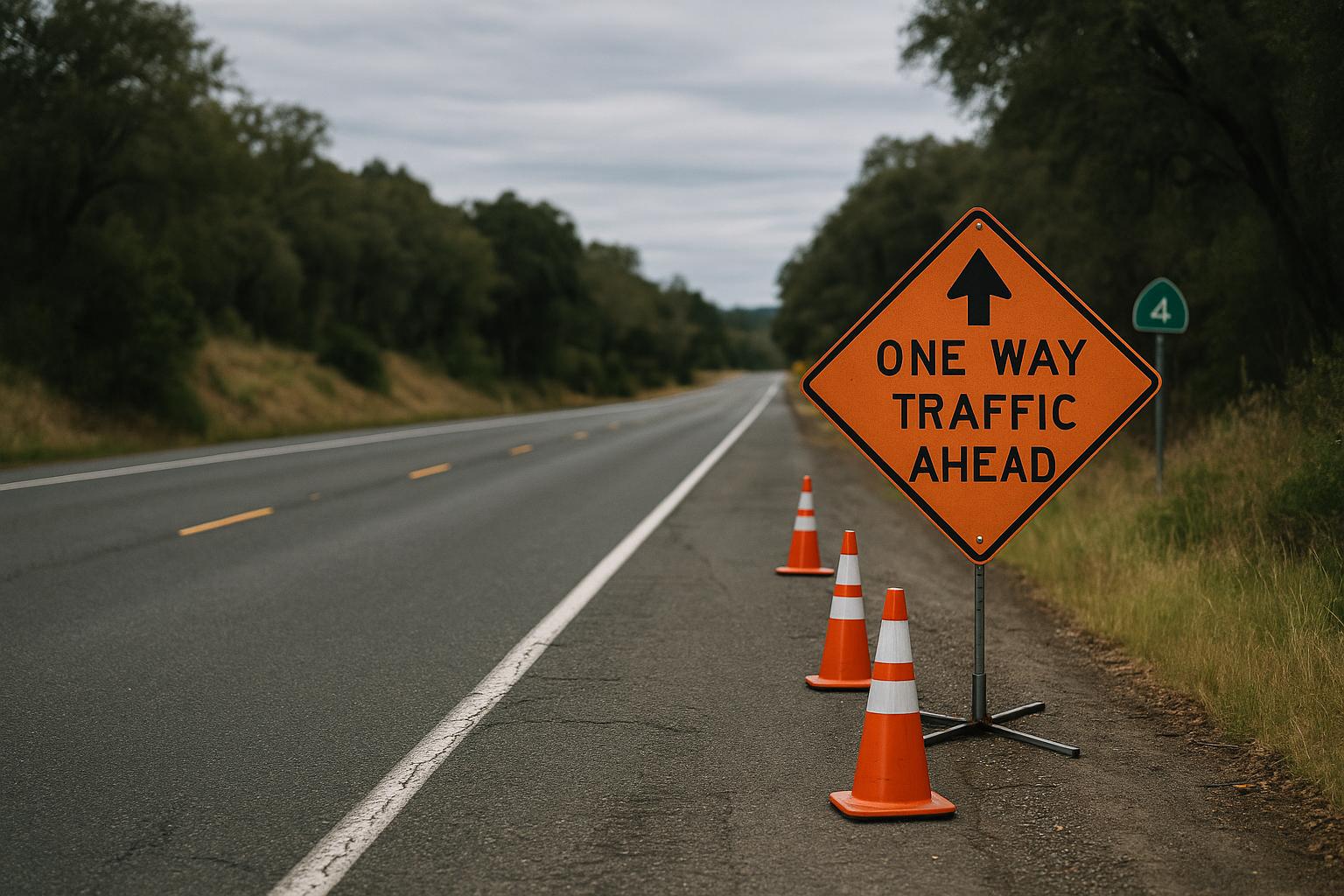 One-way traffic control sign and cones on Highway 4 near Murphys under overcast sky