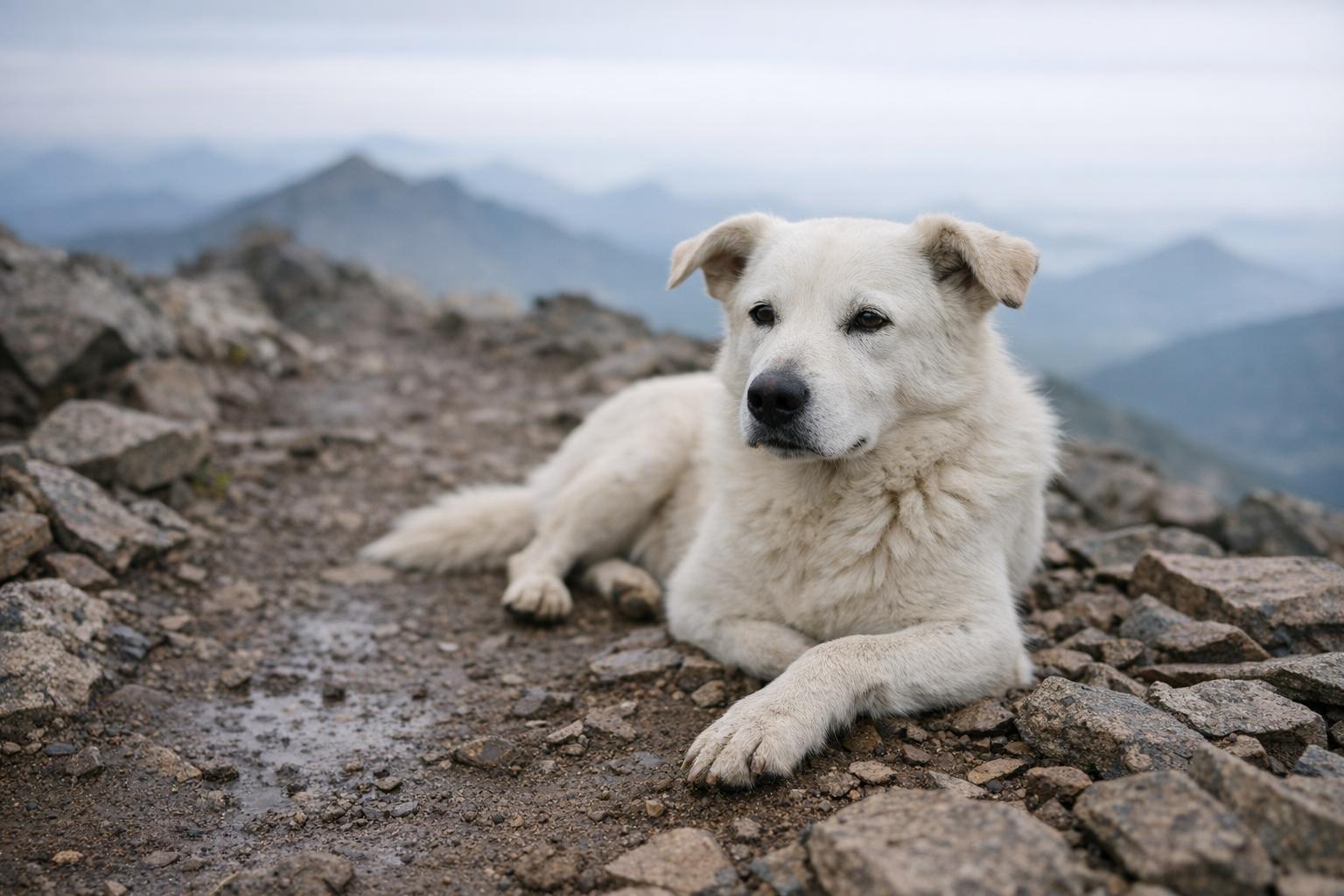 White dog with injured front leg resting on rocky summit with muddy, loose terrain in soft morning light.