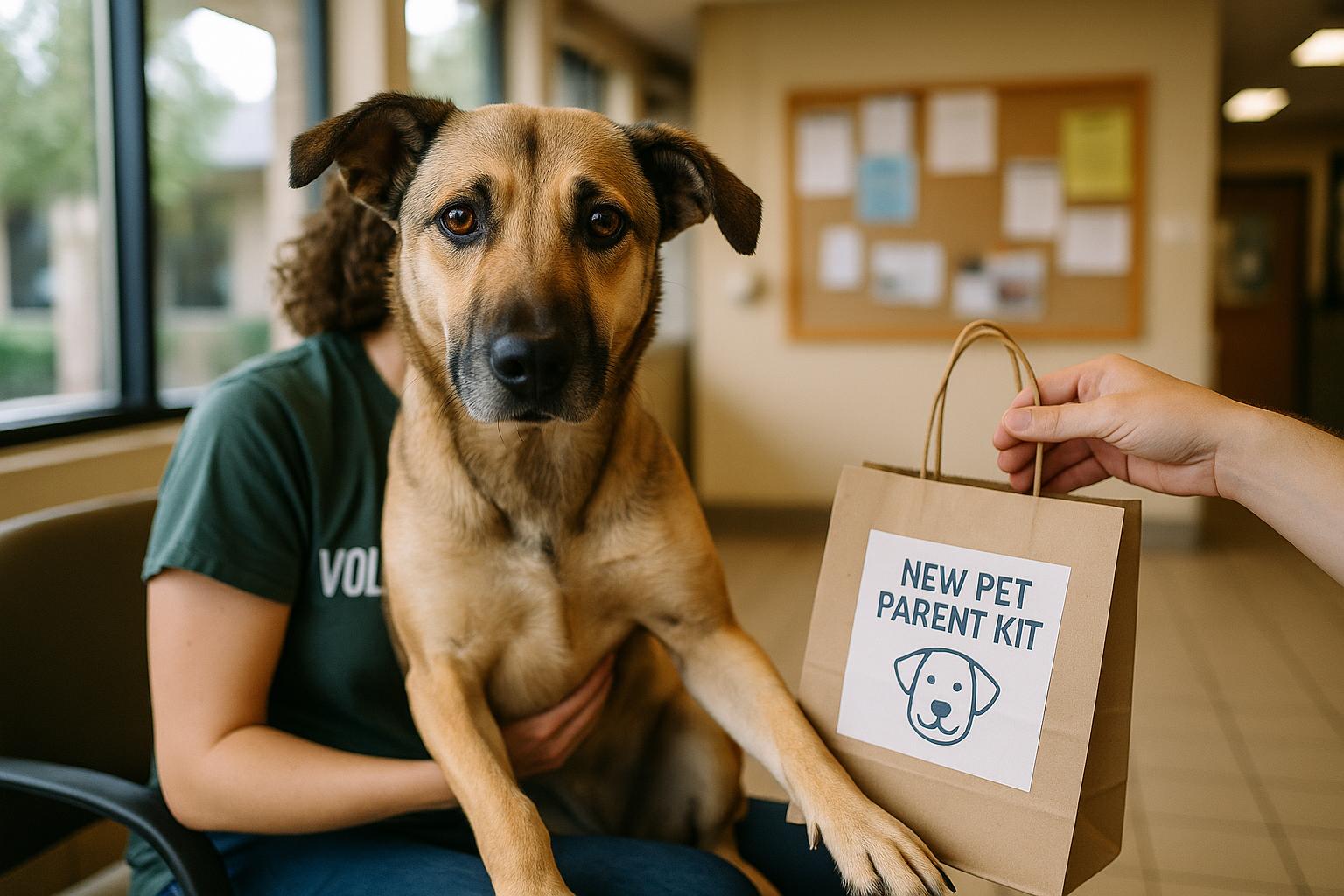 Mixed-breed shelter dog with adopter receiving a New Pet Parent Kit in a shelter reception area