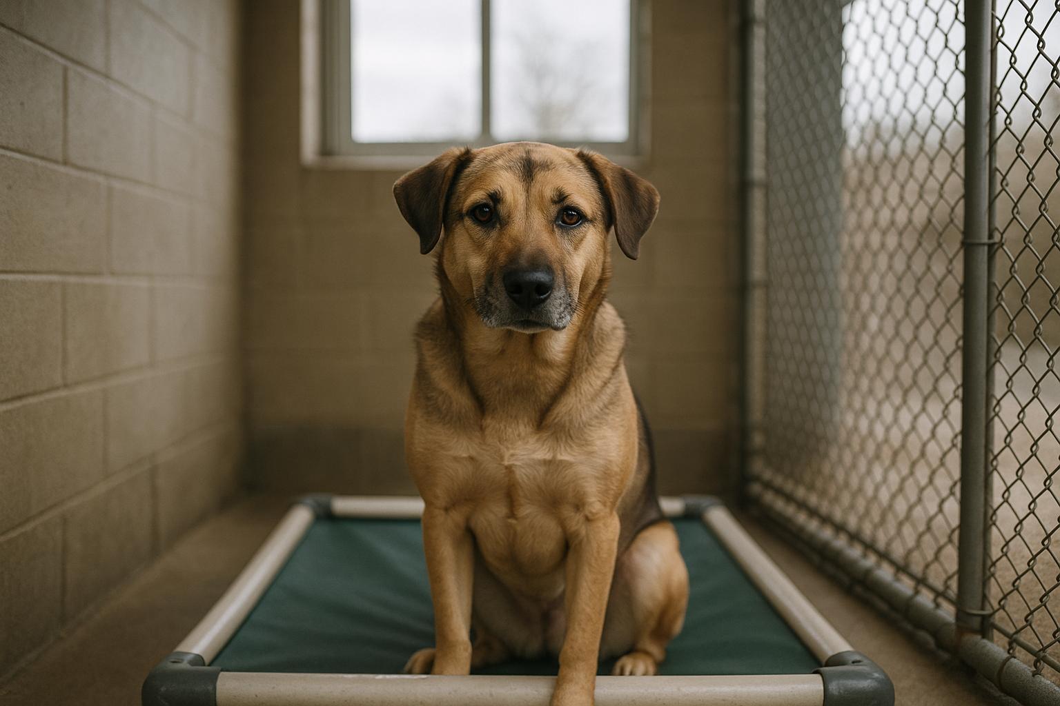 A calm medium-sized mixed-breed shelter dog sitting on a kennel bed in a shelter, soft natural light, realistic fur texture