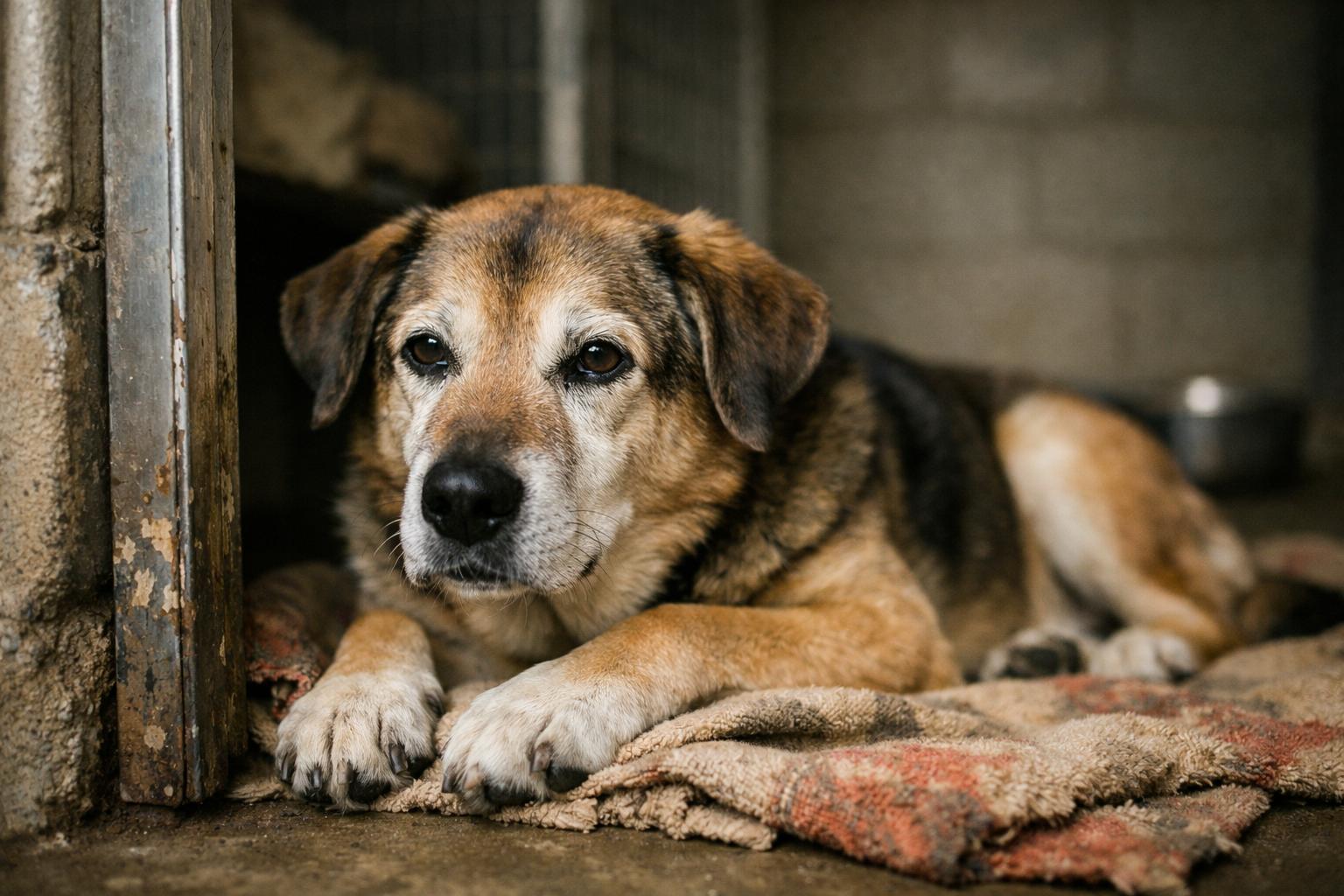 A calm senior shelter dog lying on a blanket at the doorway of a kennel, bathed in soft natural light.