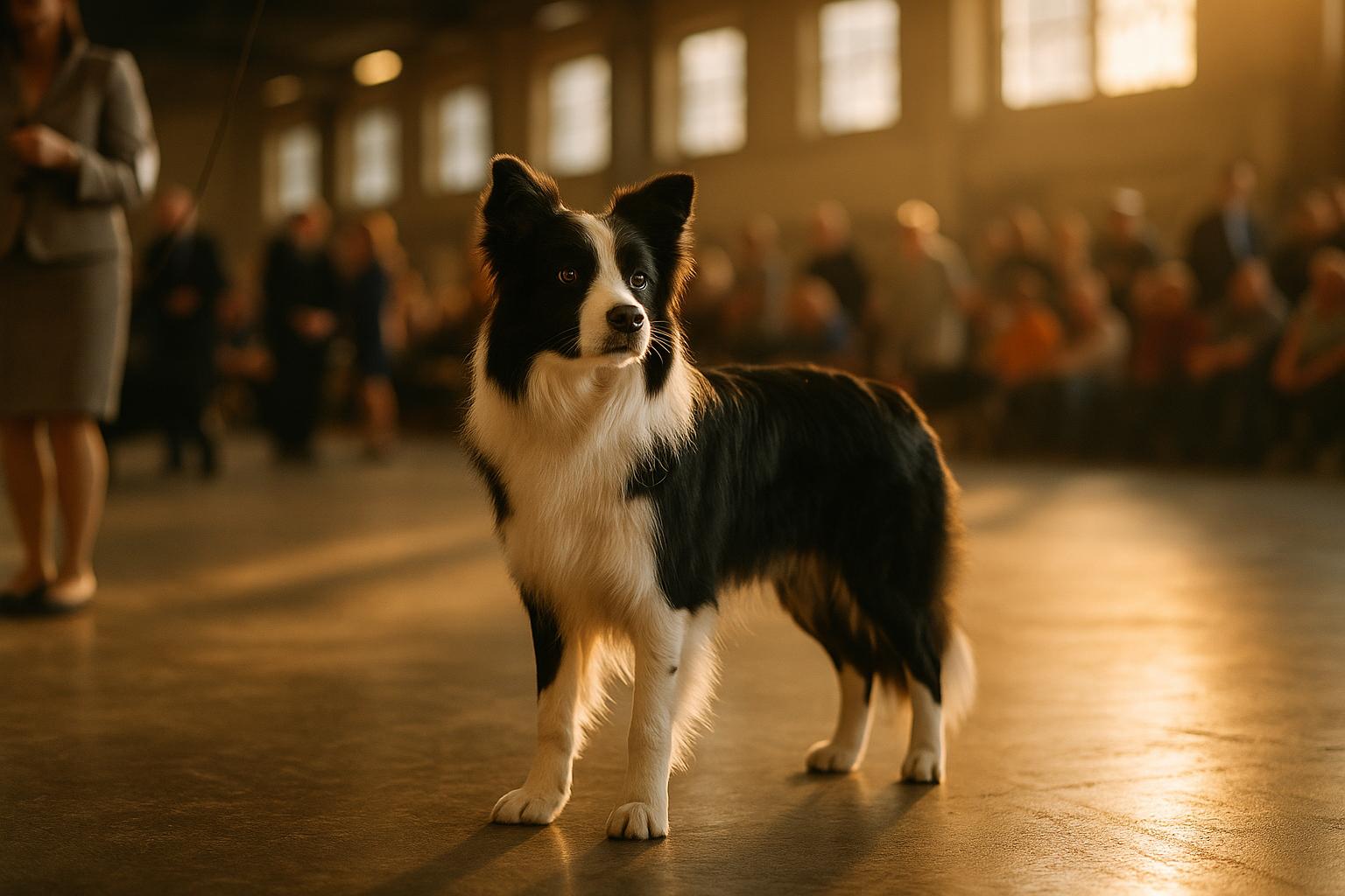 A Border Collie stands poised in a conformation show ring inside a large convention hall, with blurred handlers and spectators in the background.