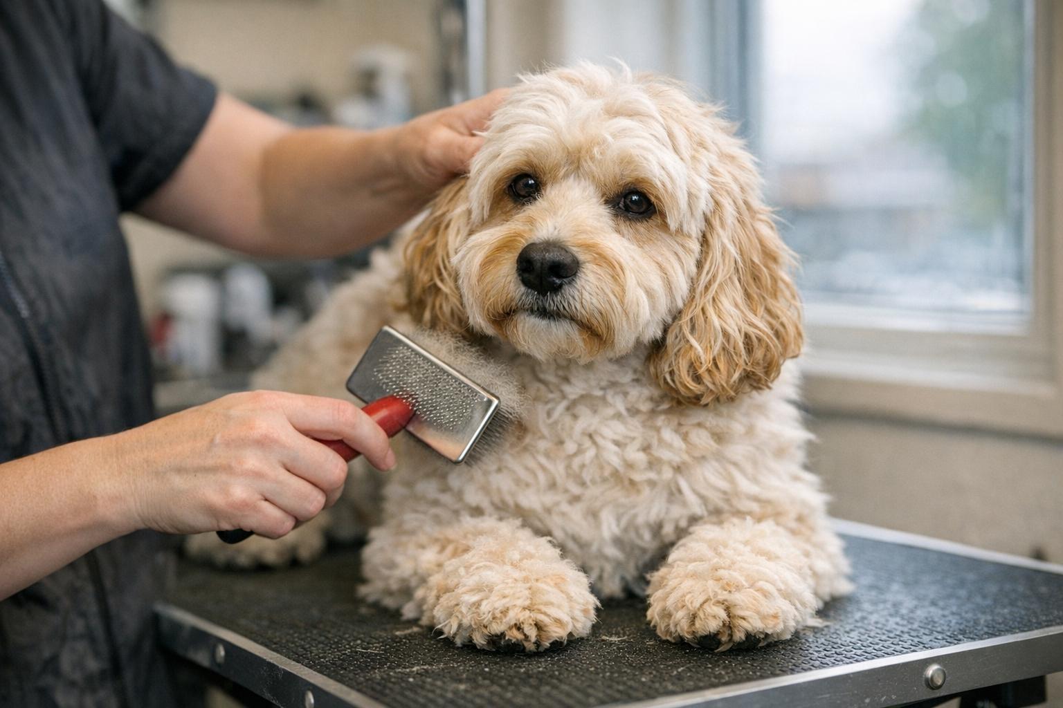 Cockapoo on a grooming table being brushed by a groomer in a salon with soft window light