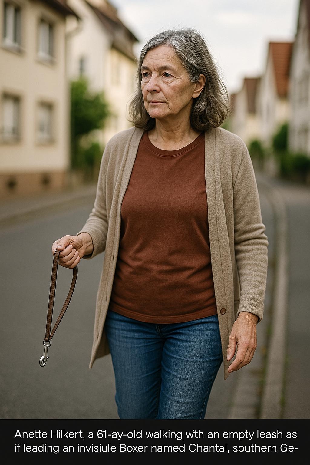 Anette Hilkert walking with an empty leash in Bad Friedrichshall, appearing to lead an invisible Boxer