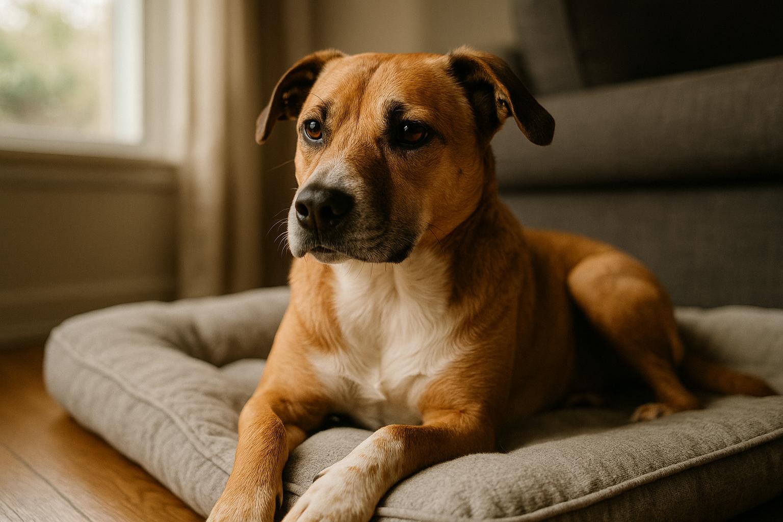 Mixed-breed shelter dog resting on a bed in a quiet living-room corner, bathed in soft natural light