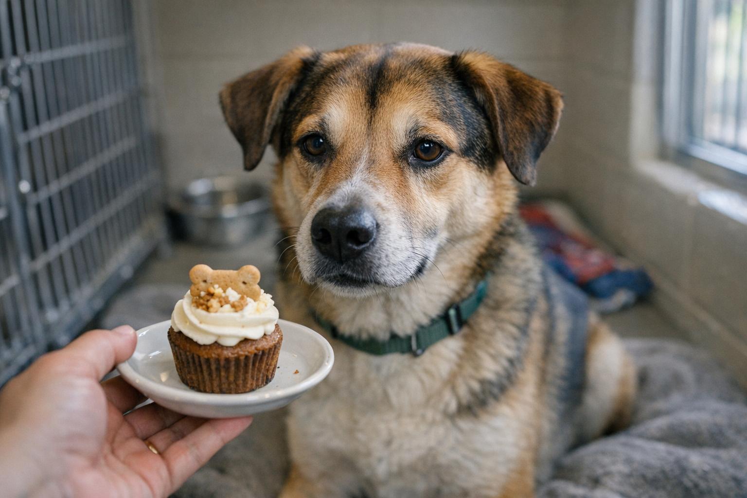 A medium-sized mixed-breed shelter dog in a kennel being offered a gourmet pupcake on a small plate