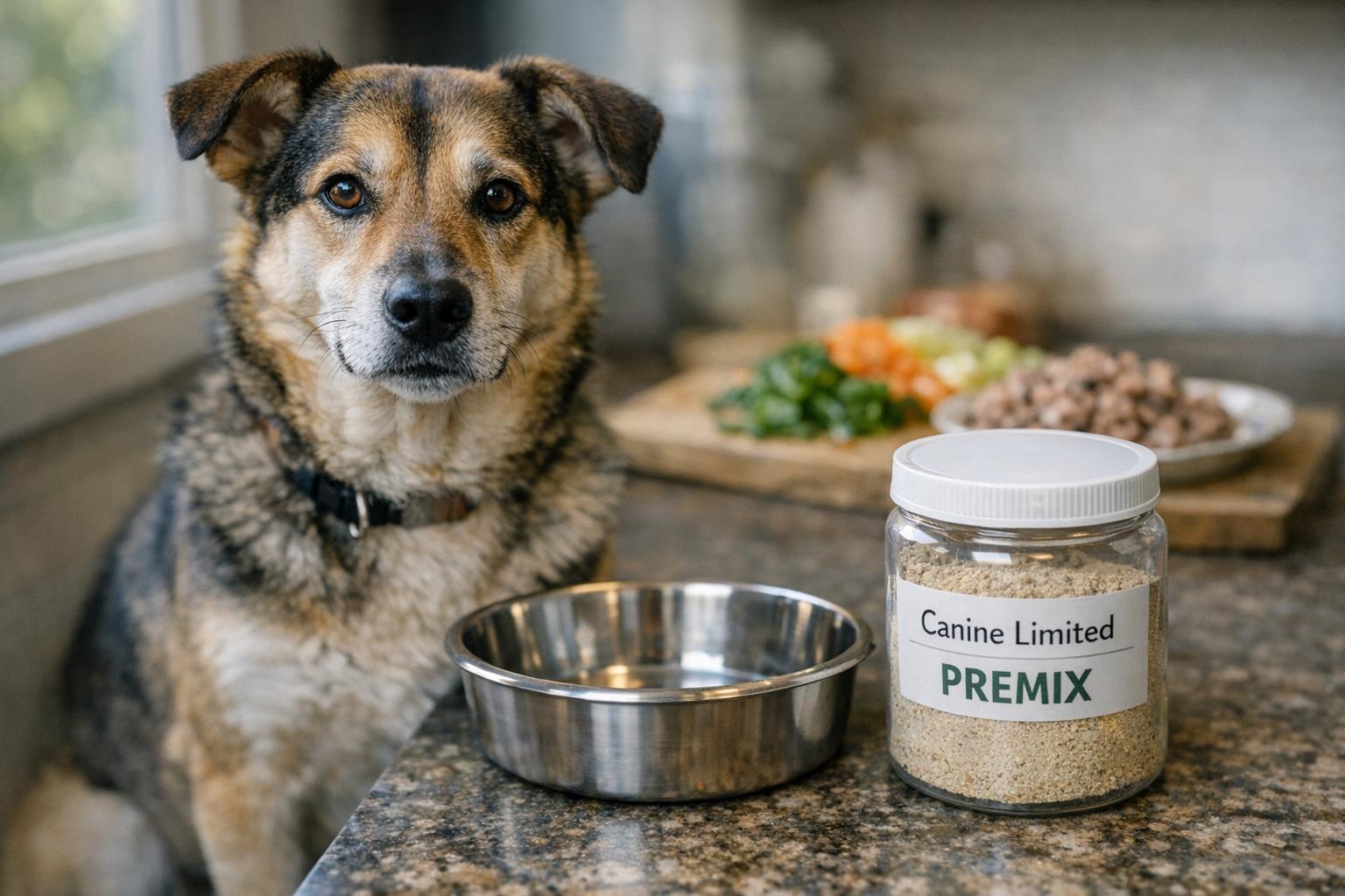 Mixed‑breed dog next to a bowl and a canister labeled Canine Limited Premix on a kitchen counter