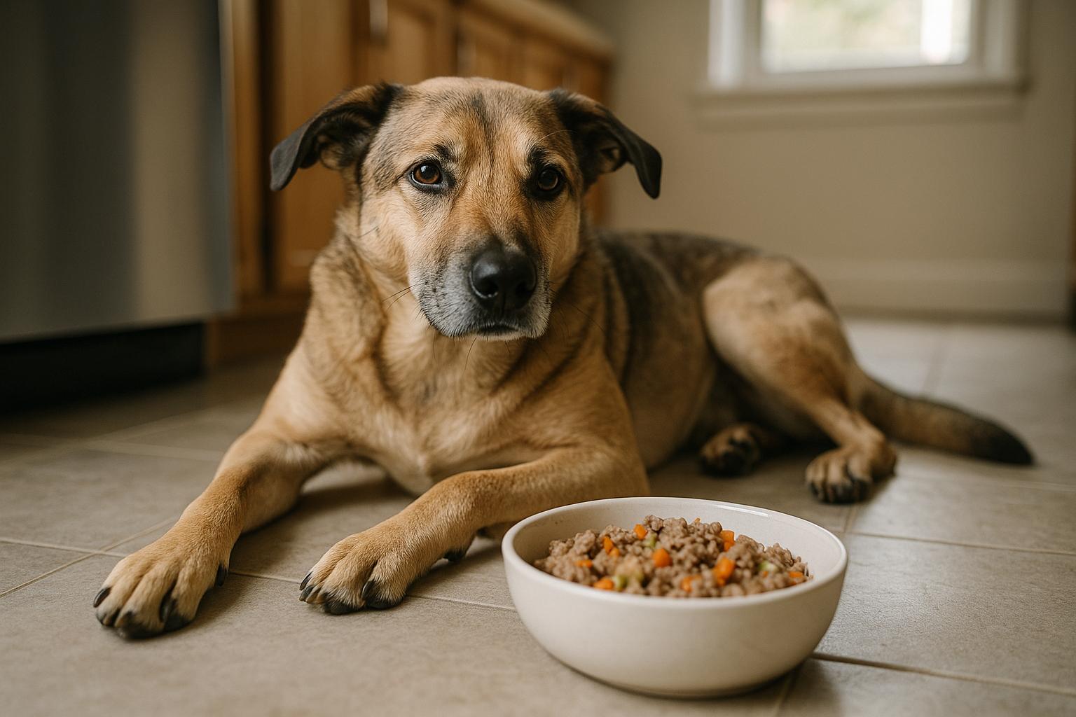 A healthy mixed-breed dog sits beside a bowl of homemade dog food in a sunlit kitchen.