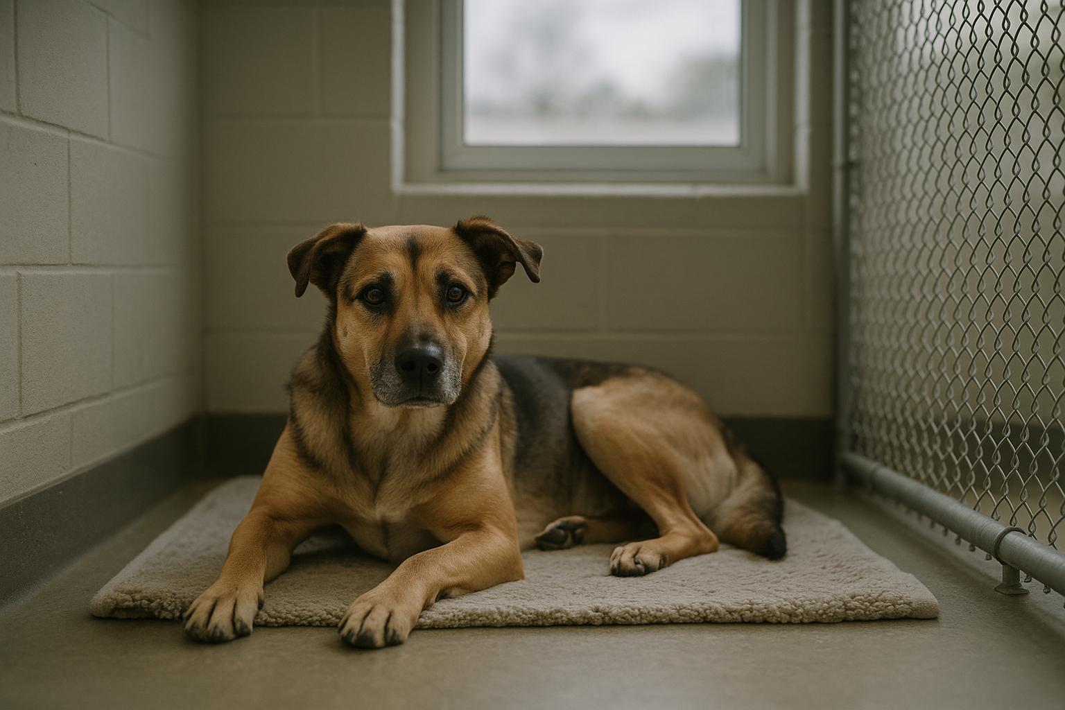 A mixed-breed shelter dog resting in a kennel at the Holmes County adoption center