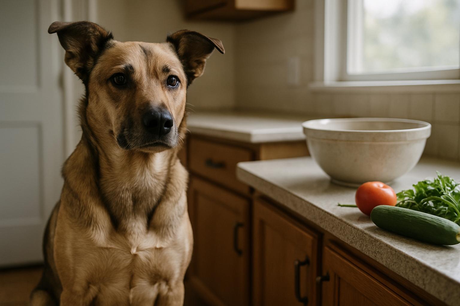 Mixed-breed adult dog in a home kitchen near a bowl and ingredients, lit by natural window light
