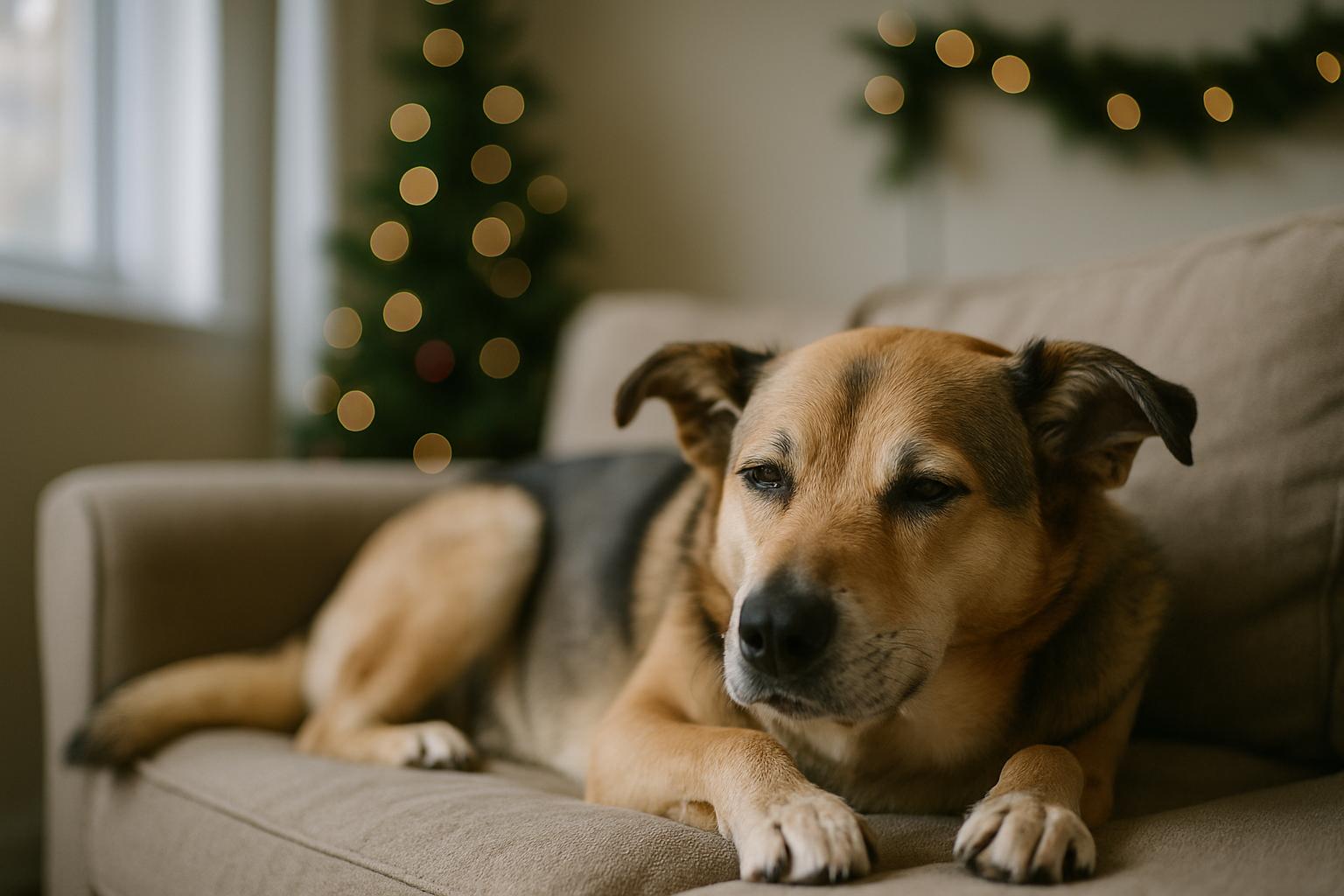 Mixed-breed dog resting on a bed in a quiet corner of a living room with holiday decorations softly blurred in the background