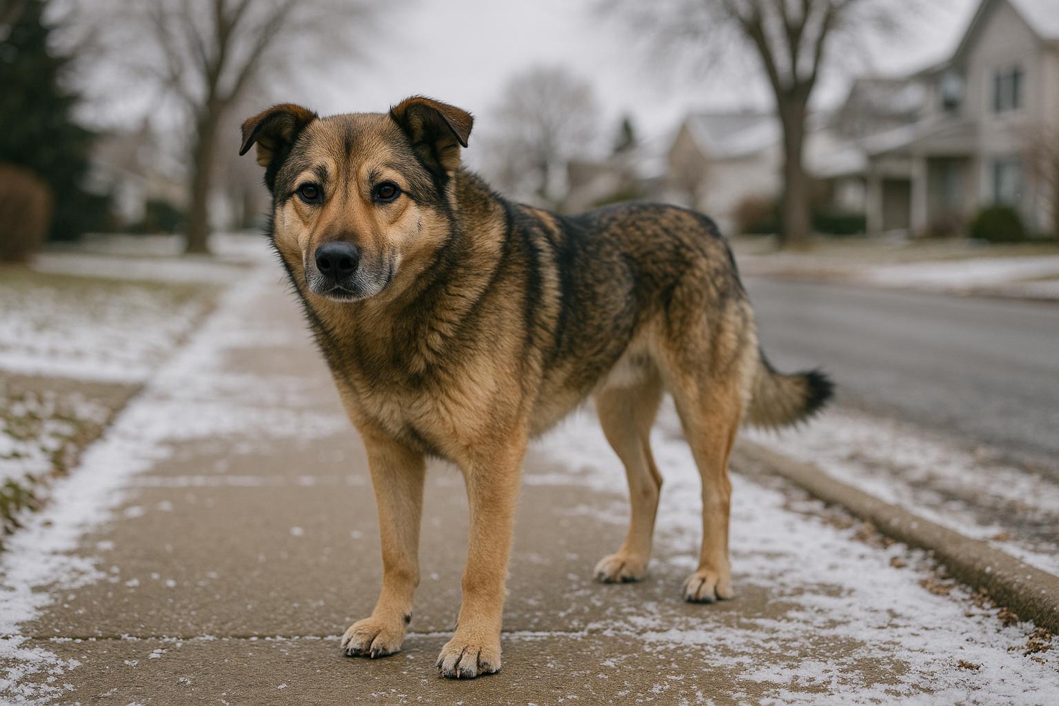 Mixed-breed dog with thick double coat standing on snow-dusted sidewalk with visible snow between paw pads.