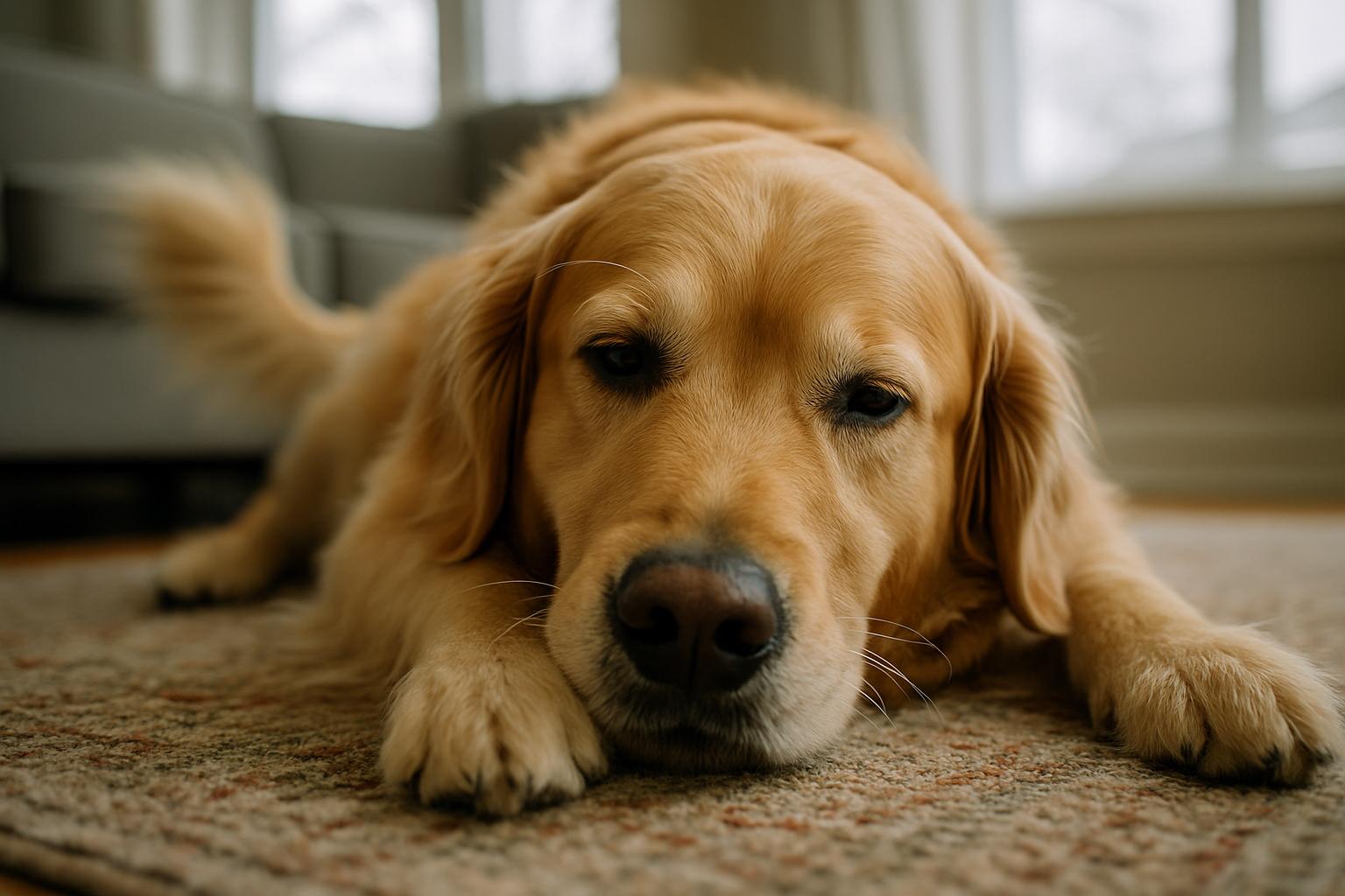 Golden Retriever snuggling on a living room rug, soft-eyed and relaxed