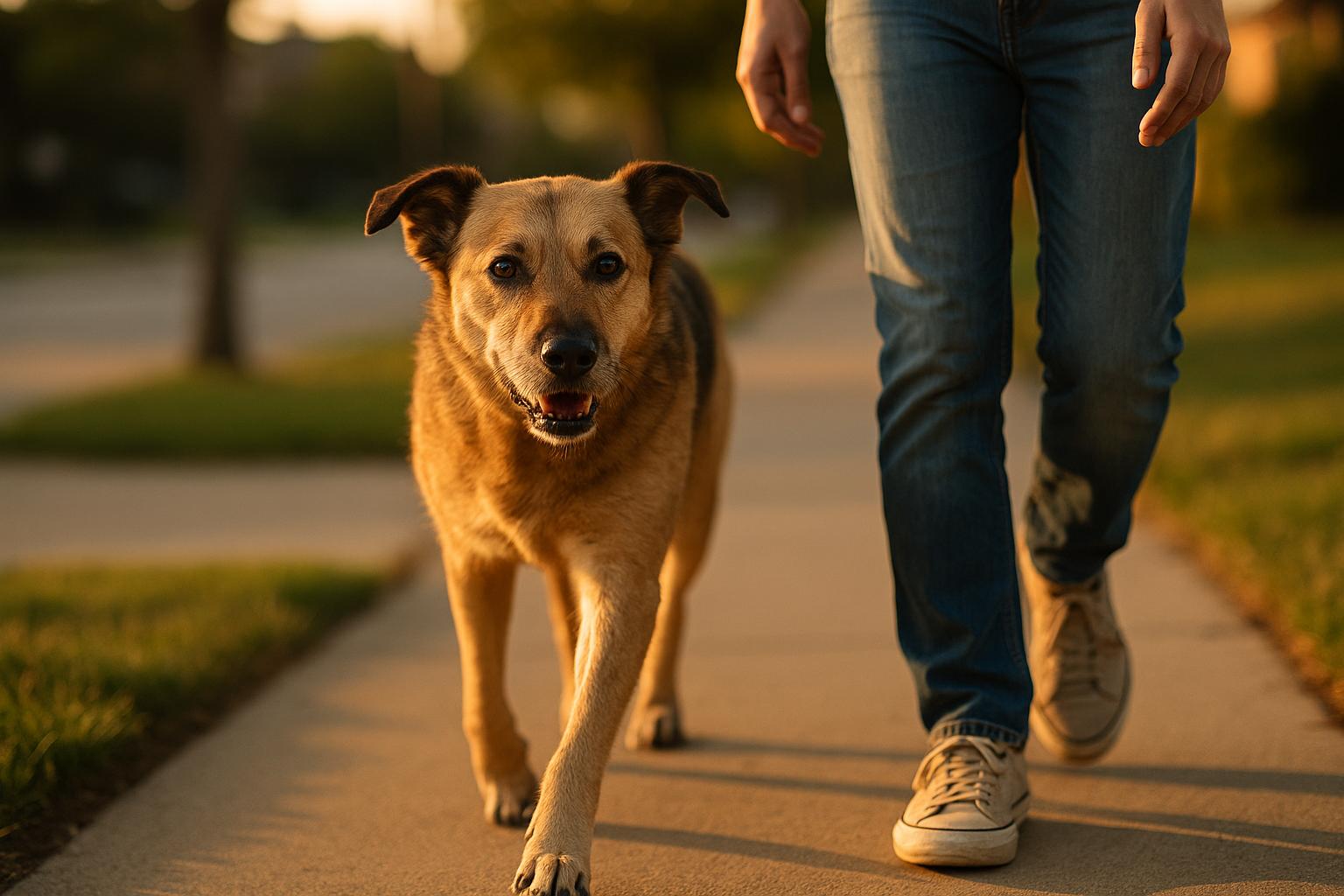 A medium-sized mixed-breed dog walking close to its owner on a suburban sidewalk at golden hour.