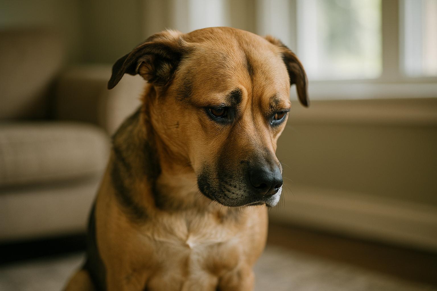 Mixed-breed dog showing subtle body-language cues — lowered head and averted gaze — in soft natural light