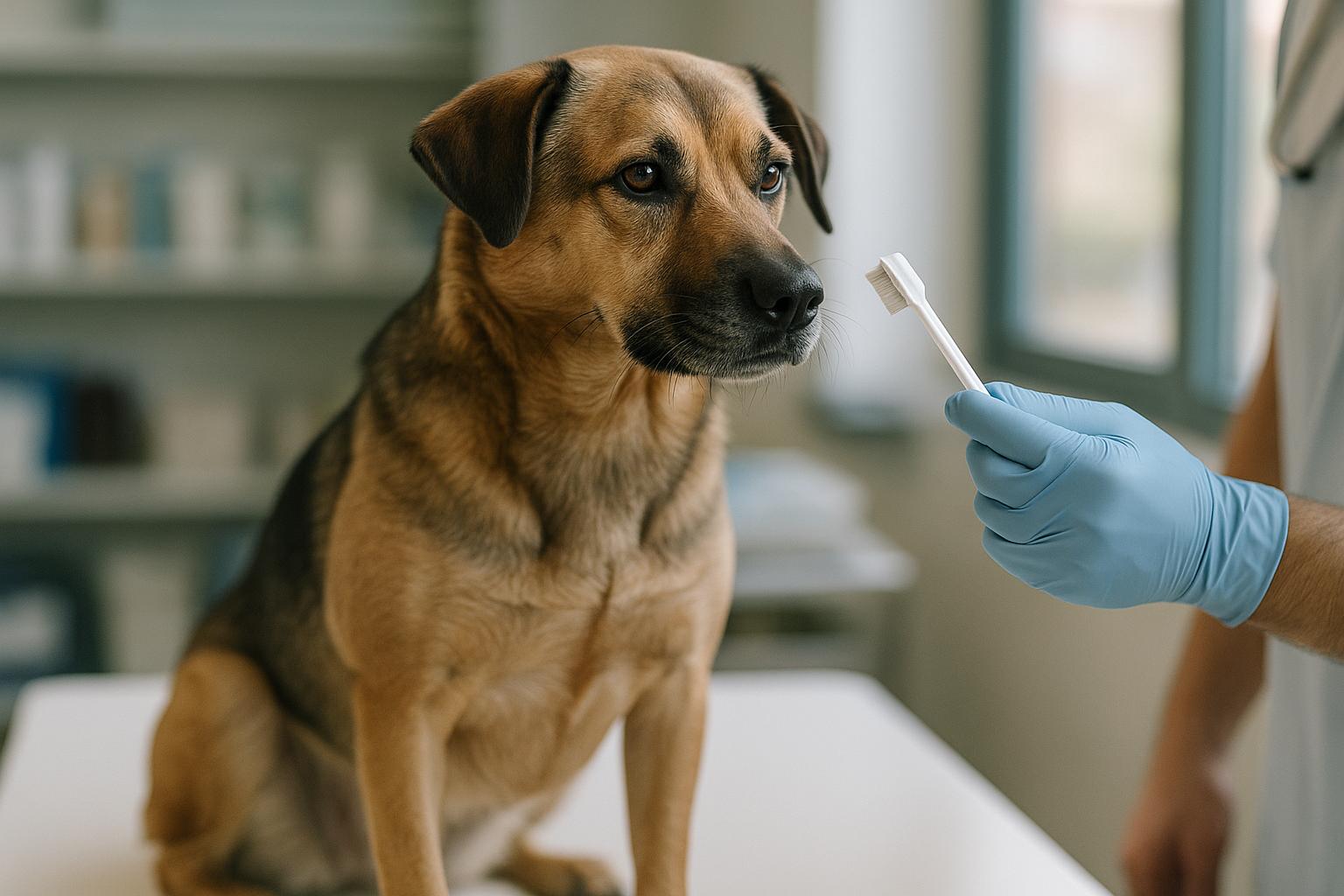 Medium-sized adult dog at a veterinary clinic being shown a toothbrush on an exam table