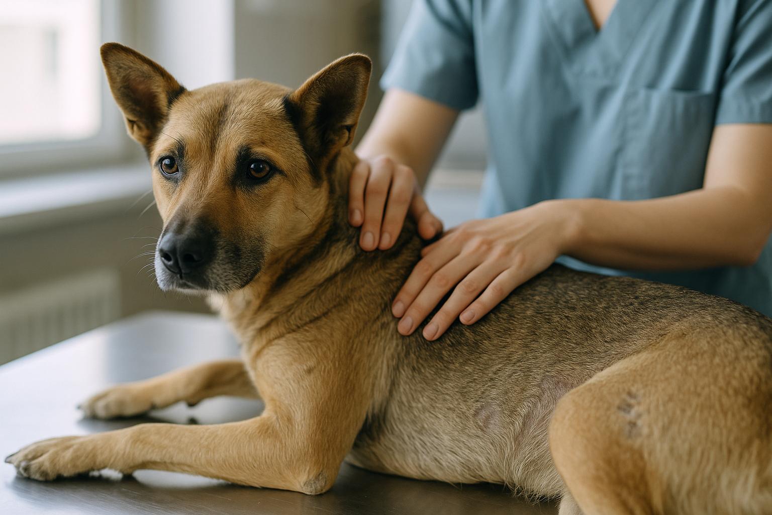 Close-up portrait of a mixed-breed dog with small dry patches on its coat being examined on a clinic table