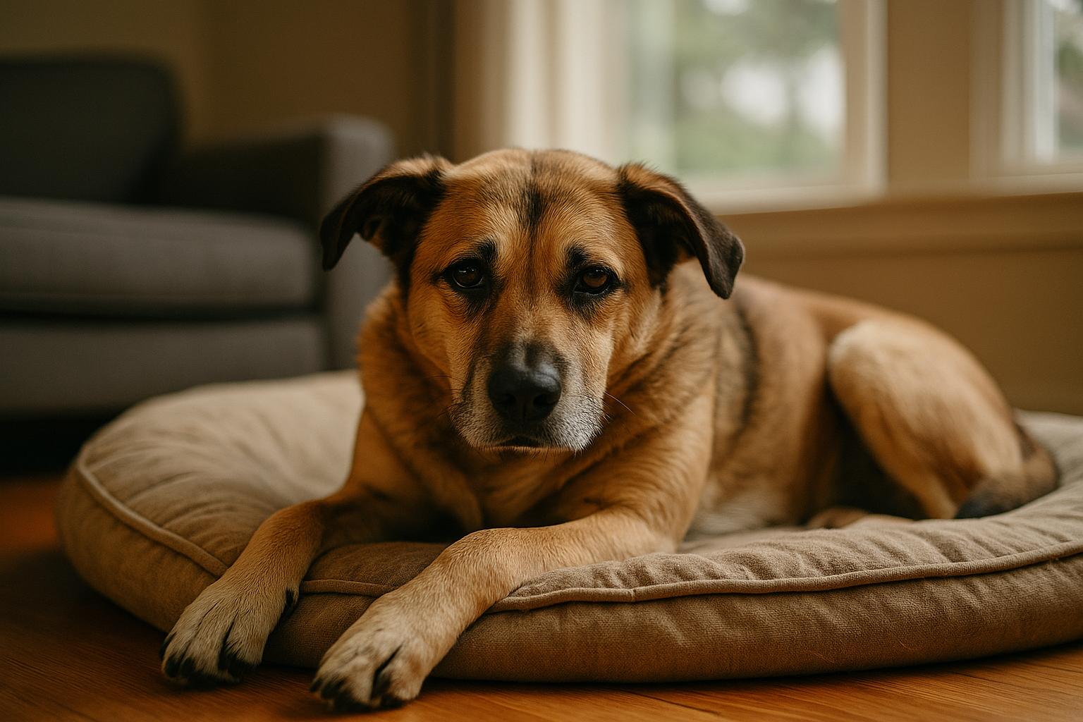 A mixed-breed dog lying on a comfortable bed in a quiet living room, appearing calm and subdued.